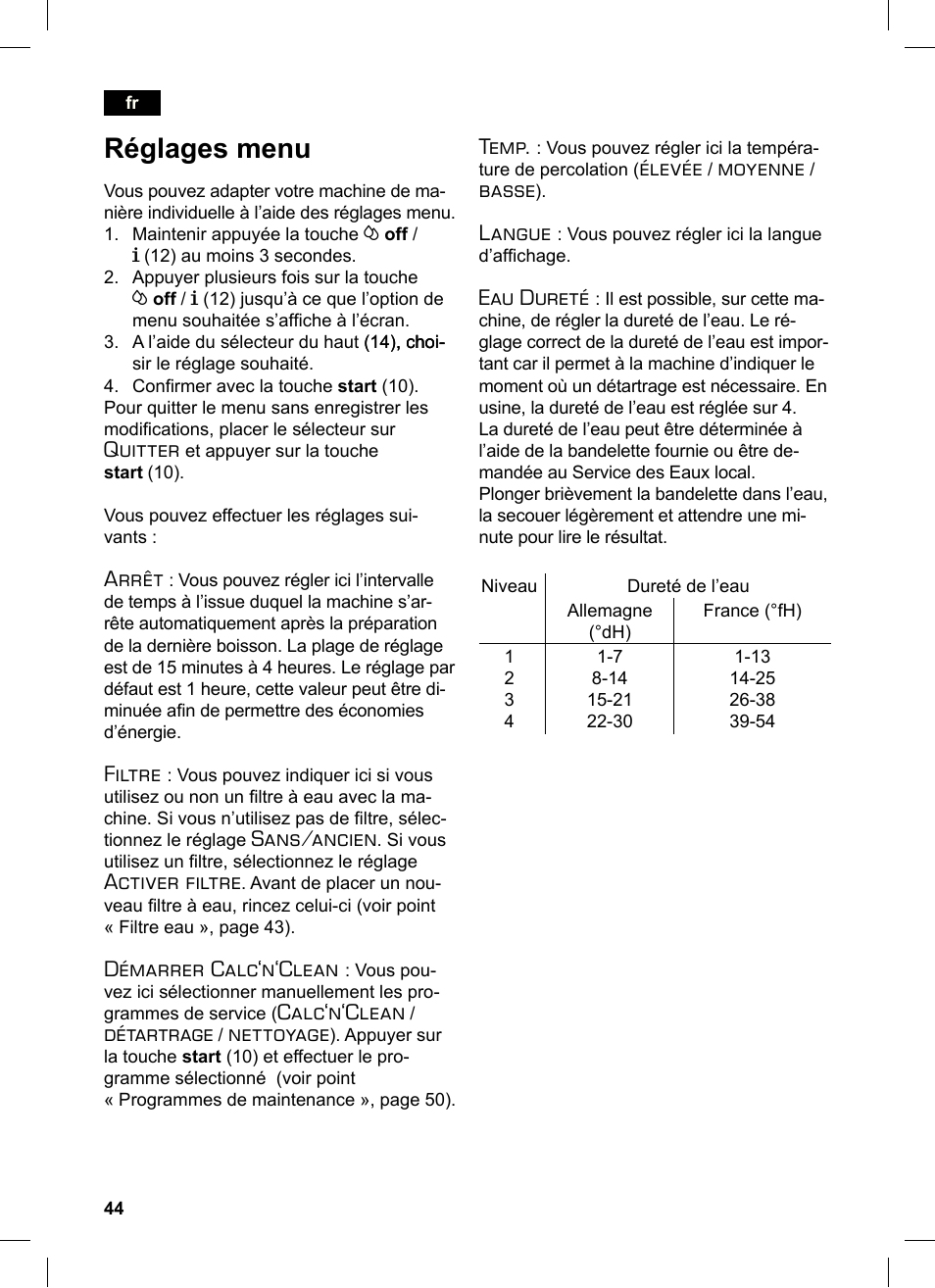 Réglages menu, Quitter, Arrêt | Filtre, Sans/ancien, Activer filtre, Démarrer calc‘n‘clean, Calc‘n‘clean, Détartrage, Nettoyage | Siemens TE503521DE User Manual | Page 48 / 84