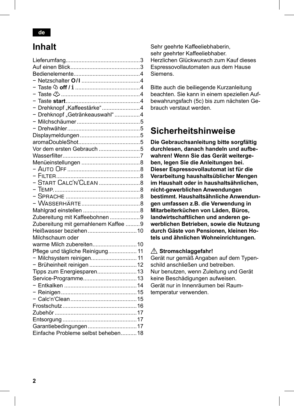 Sicherheitshinweise, Inhalt, Auto off | Filter, Start calc‘n‘clean, Temp, Sprache, Wasserhärte | Siemens TE503521DE User Manual | Page 6 / 84