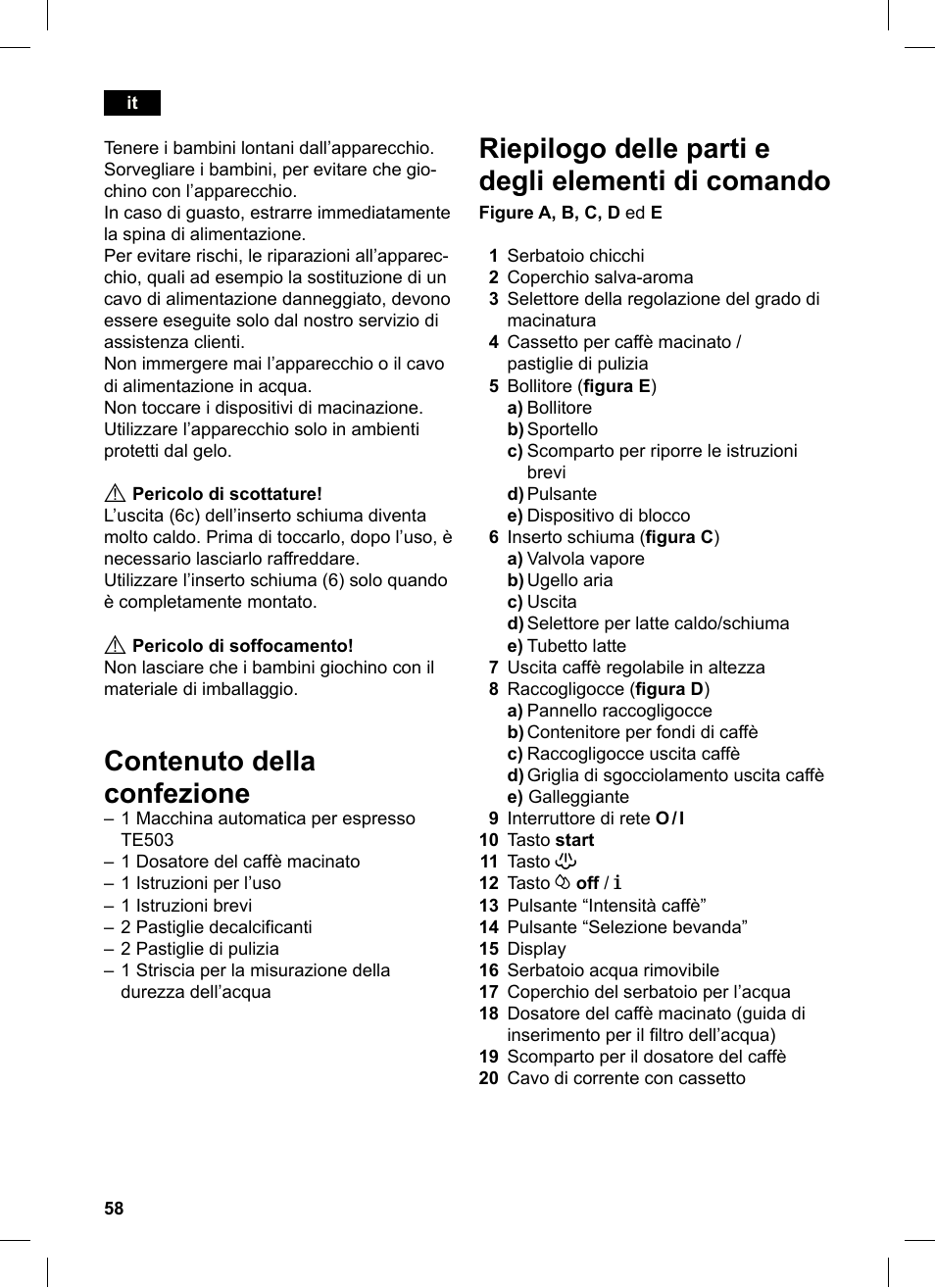 Riepilogo delle parti e degli elementi di comando, Contenuto della confezione | Siemens TE503521DE User Manual | Page 62 / 84