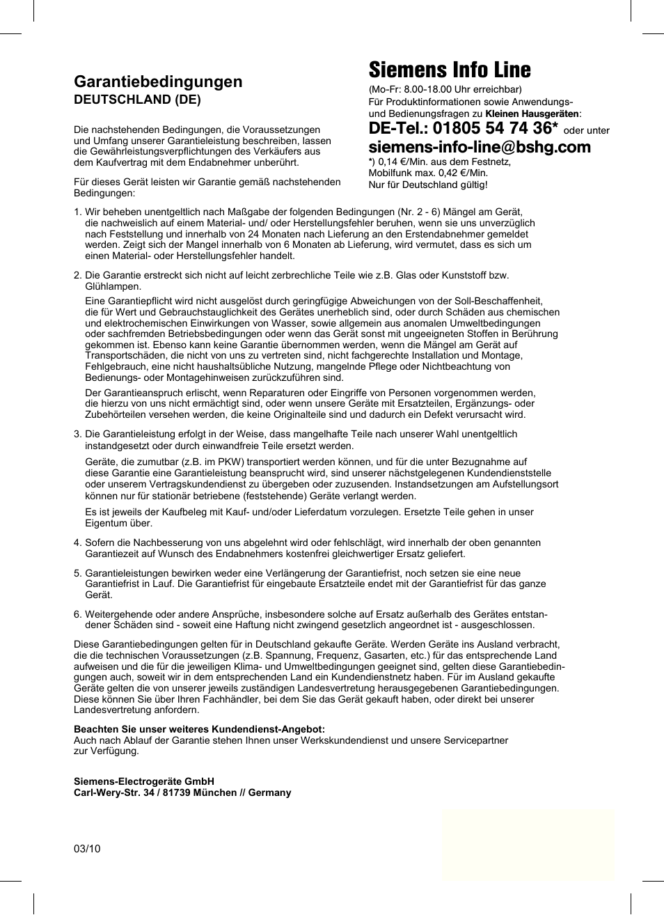 Siemens info line, Garantiebedingungen | Siemens TE503521DE User Manual | Page 83 / 84