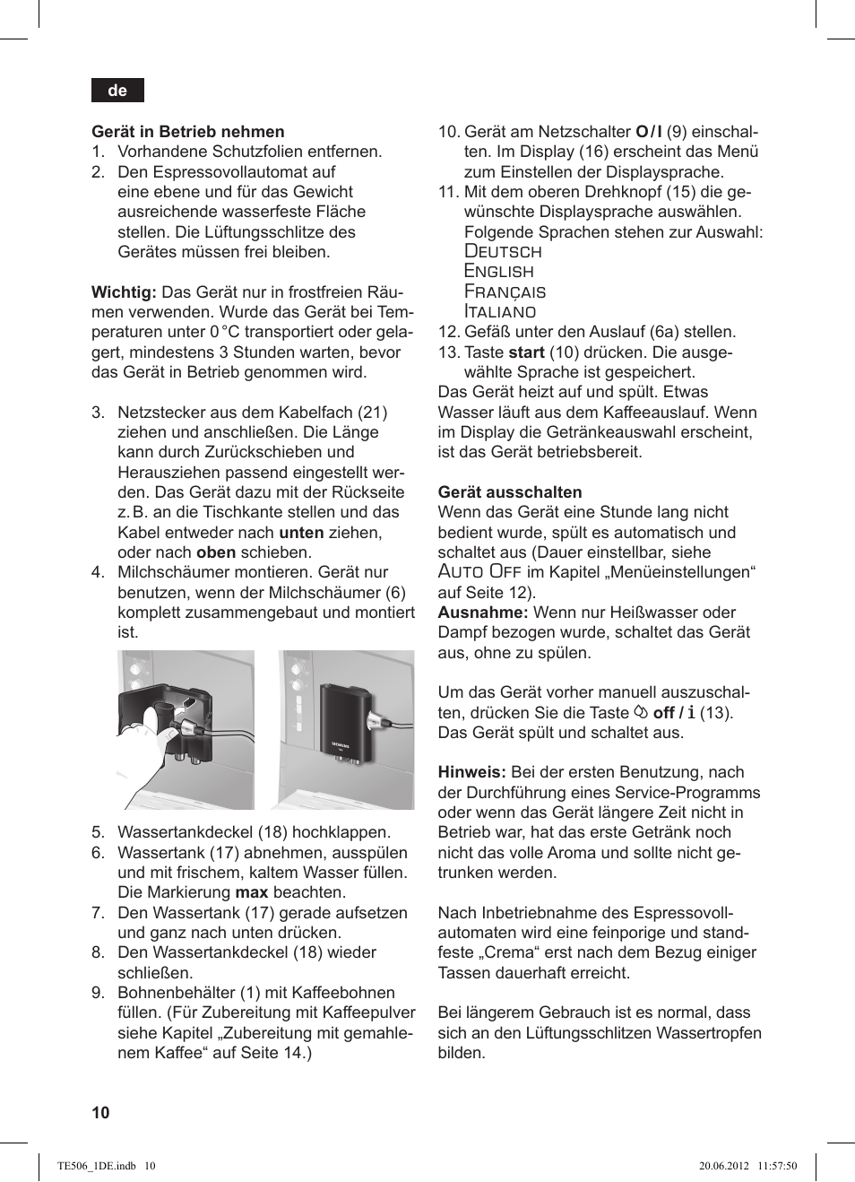 Deutsch english français italiano, Auto off | Siemens TE509501DE User Manual | Page 10 / 88