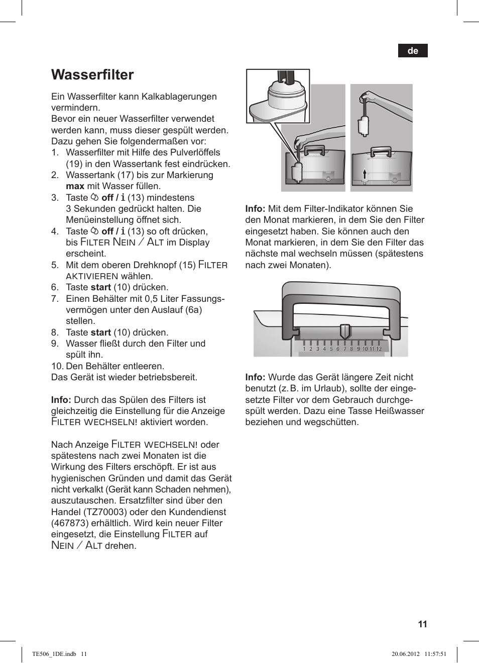 Wasserfi lter, Filter, Nein / alt | Filter aktivieren, Filter wechseln | Siemens TE509501DE User Manual | Page 11 / 88