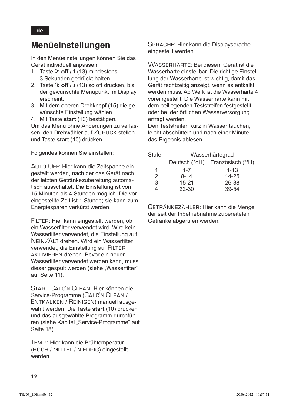 Menüeinstellungen, Zurück, Auto off | Filter, Nein/alt, Filter aktivieren, Start calc‘n‘clean, Calc‘n‘clean, Entkalken, Reinigen | Siemens TE509501DE User Manual | Page 12 / 88