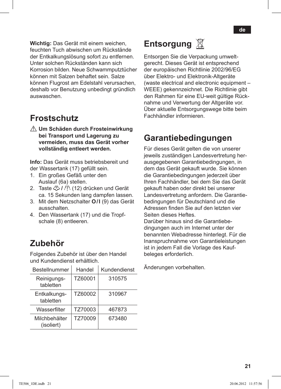 Frostschutz, Zubehör, Entsorgung | Garantiebedingungen | Siemens TE509501DE User Manual | Page 21 / 88