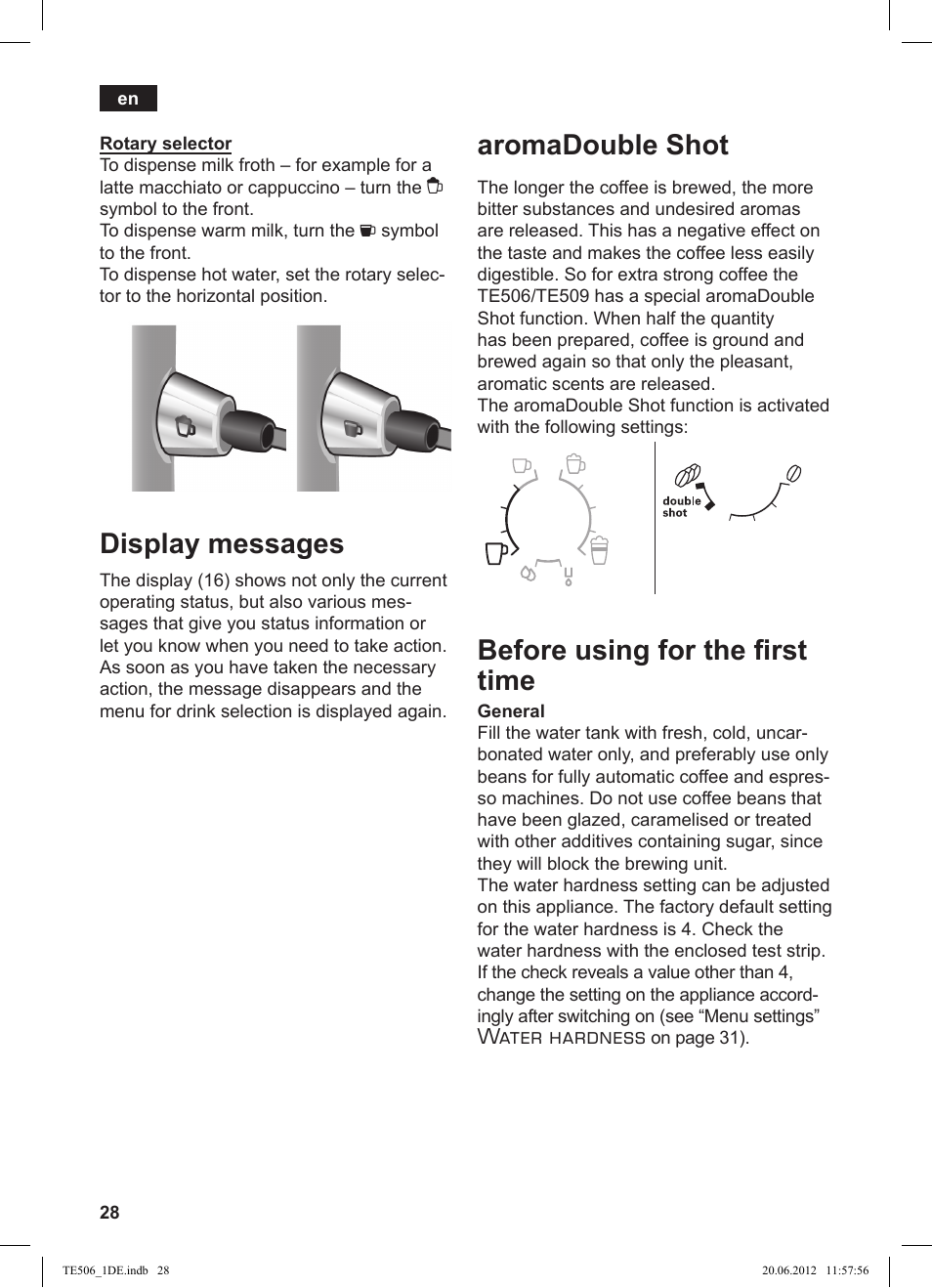 Display messages, Aromadouble shot, Before using for the fi rst time | Water hardness | Siemens TE509501DE User Manual | Page 28 / 88