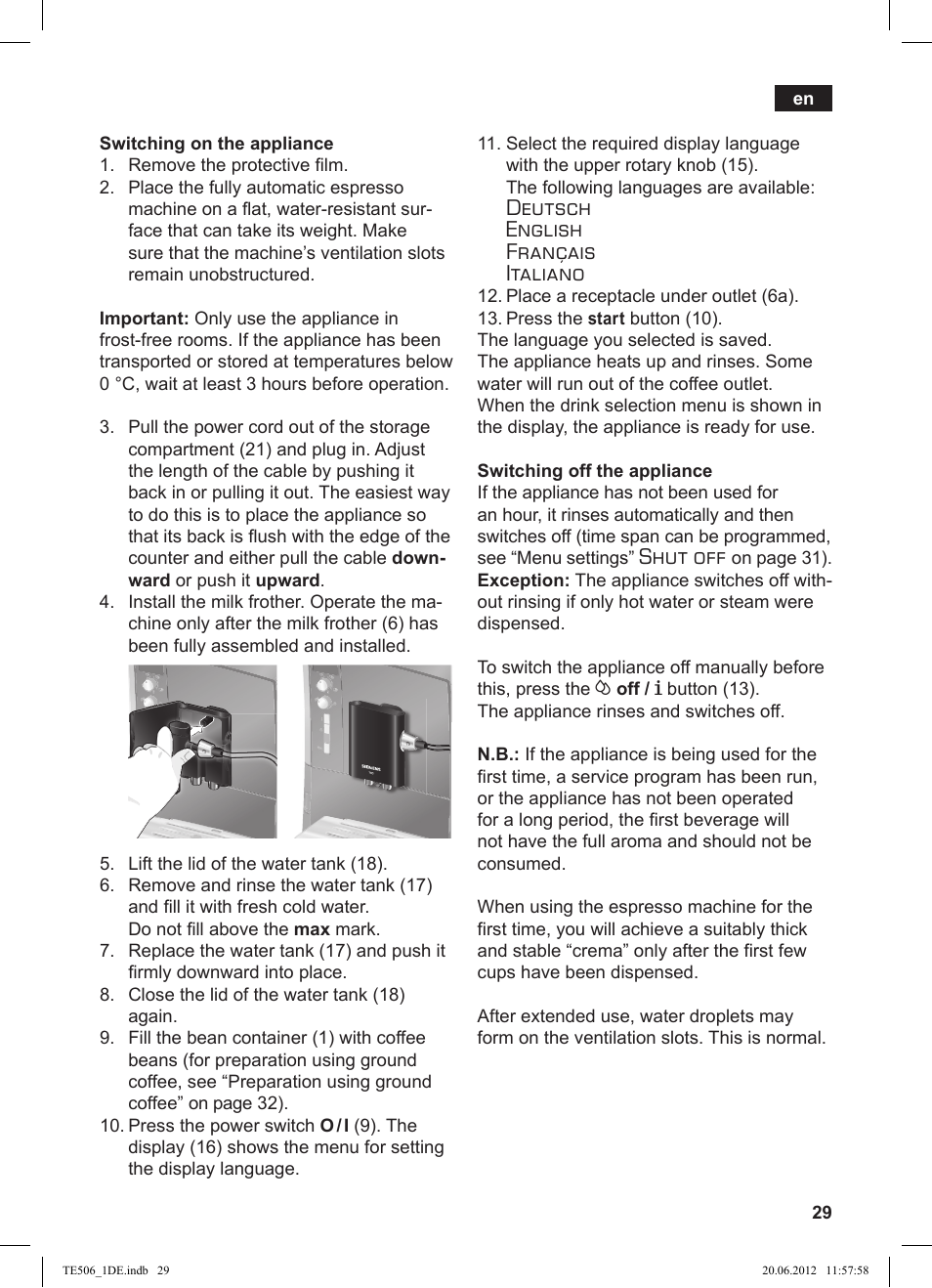 Deutsch english français italiano, Shut off | Siemens TE509501DE User Manual | Page 29 / 88