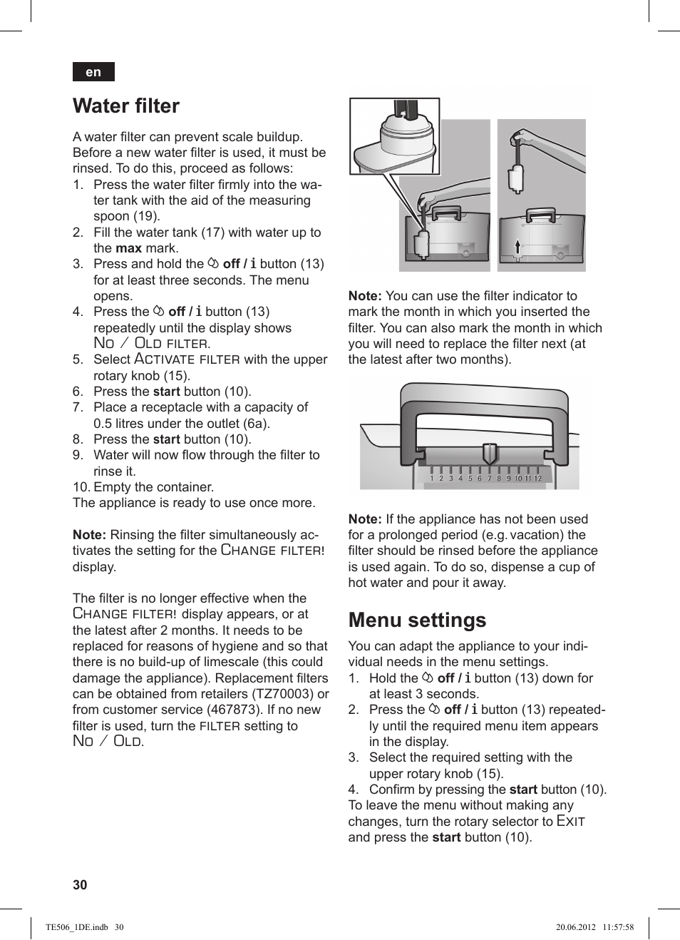 Water fi lter, Menu settings, No / old filter | Activate filter, Change filter, Filter, No / old, Exit | Siemens TE509501DE User Manual | Page 30 / 88