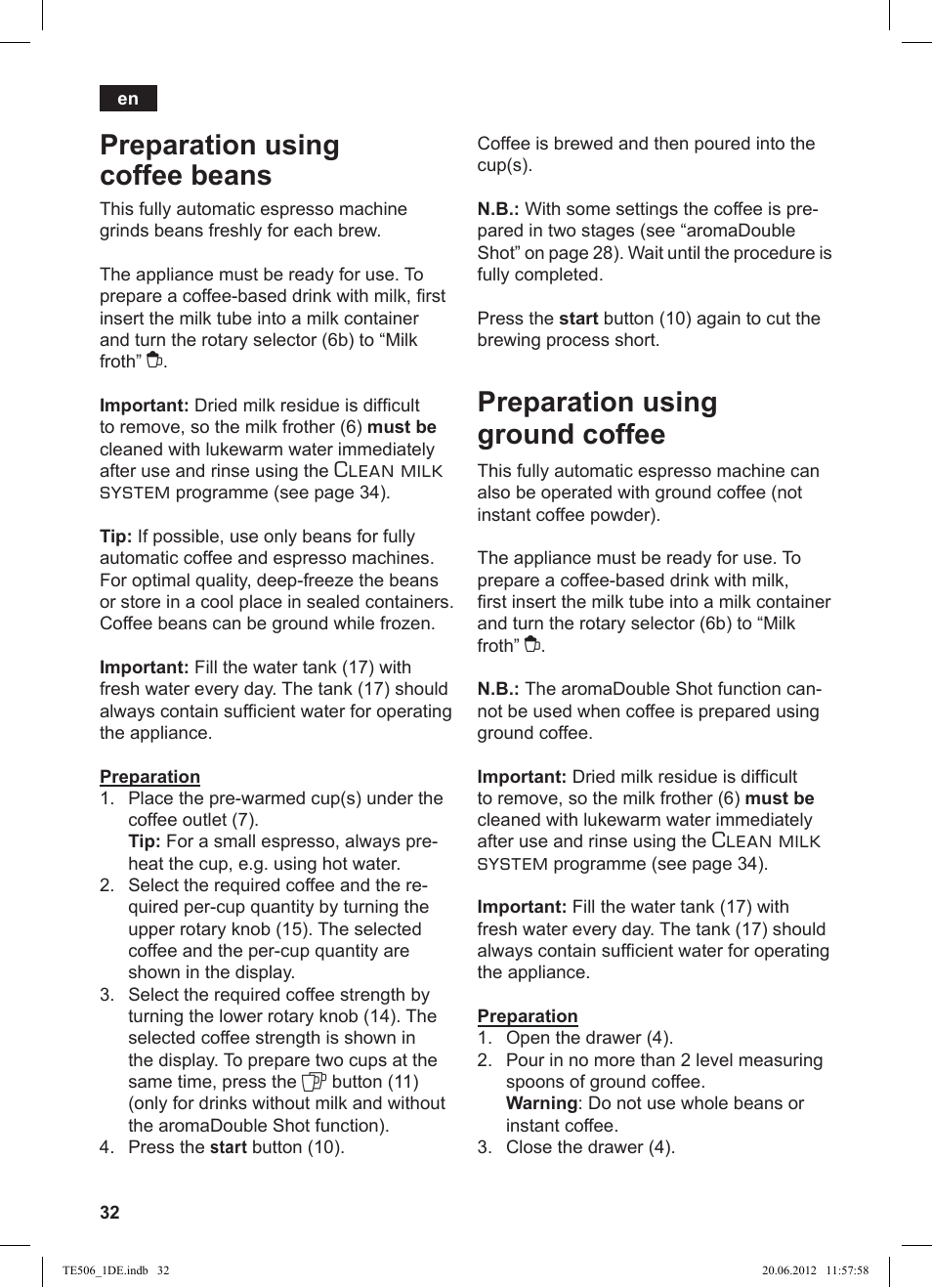 Preparation using coffee beans, Preparation using ground coffee, Clean milk system | Siemens TE509501DE User Manual | Page 32 / 88