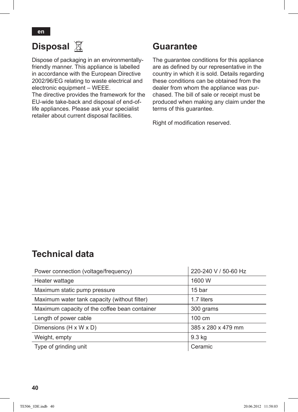 Disposal, Guarantee, Technical data | Siemens TE509501DE User Manual | Page 40 / 88