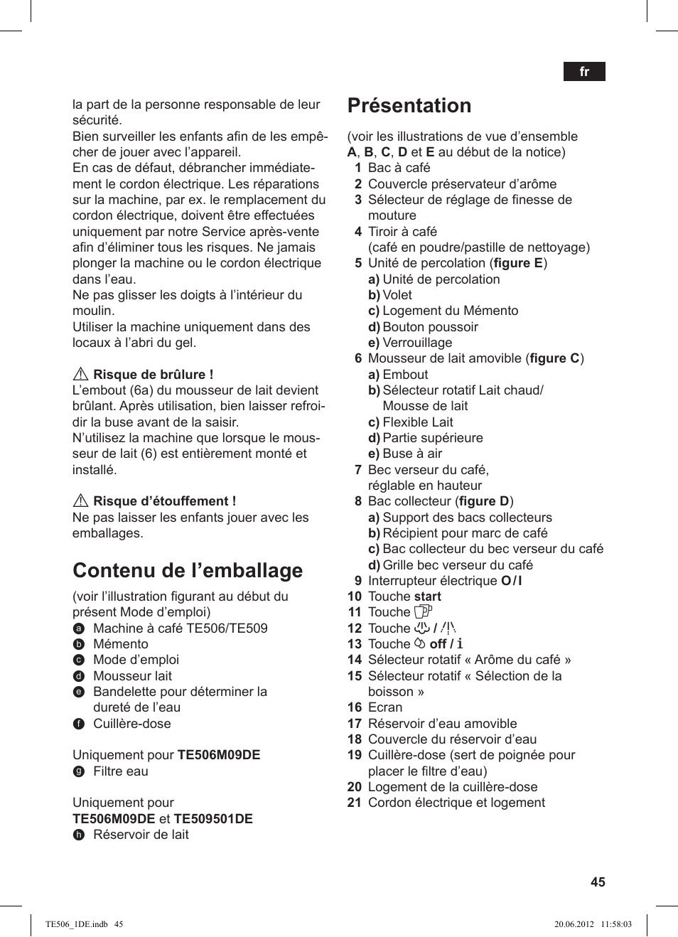 Présentation, Contenu de l’emballage | Siemens TE509501DE User Manual | Page 45 / 88