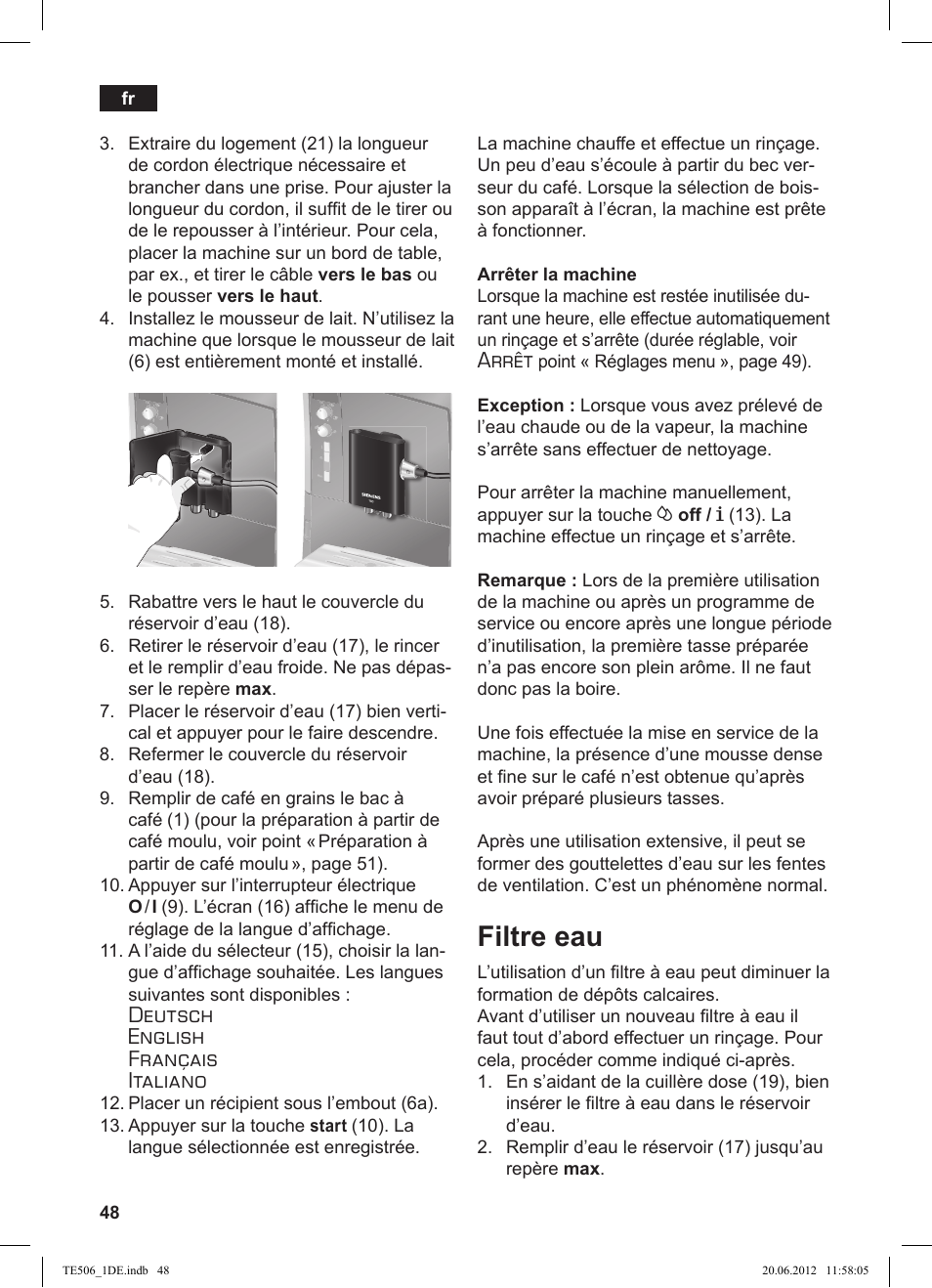 Filtre eau, Deutsch english français italiano, Arrêt | Siemens TE509501DE User Manual | Page 48 / 88