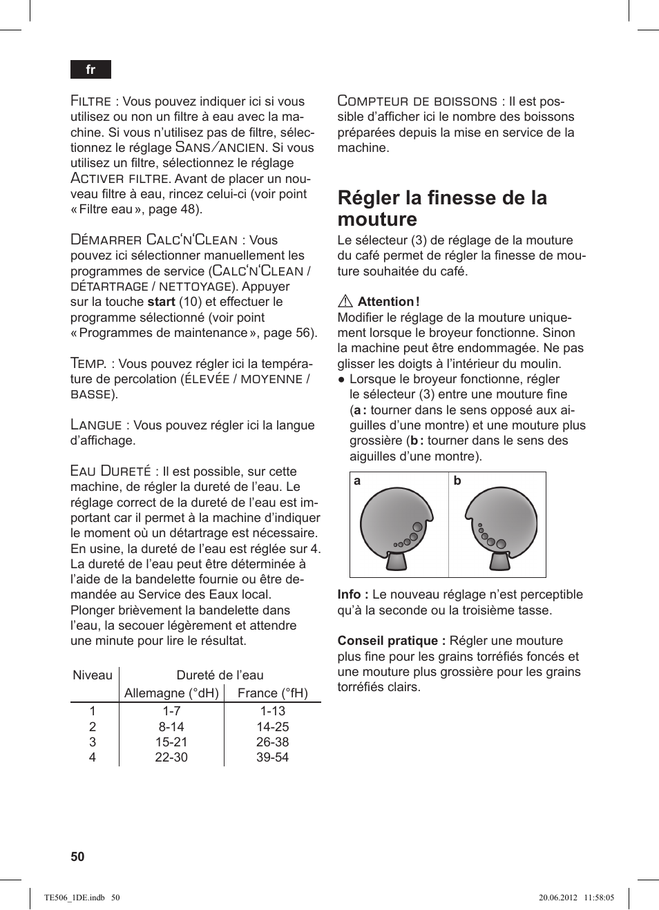 Régler la finesse de la mouture, Filtre, Sans/ancien | Activer filtre, Démarrer calc‘n‘clean, Calc‘n‘clean, Détartrage, Nettoyage, Temp, Élevée | Siemens TE509501DE User Manual | Page 50 / 88