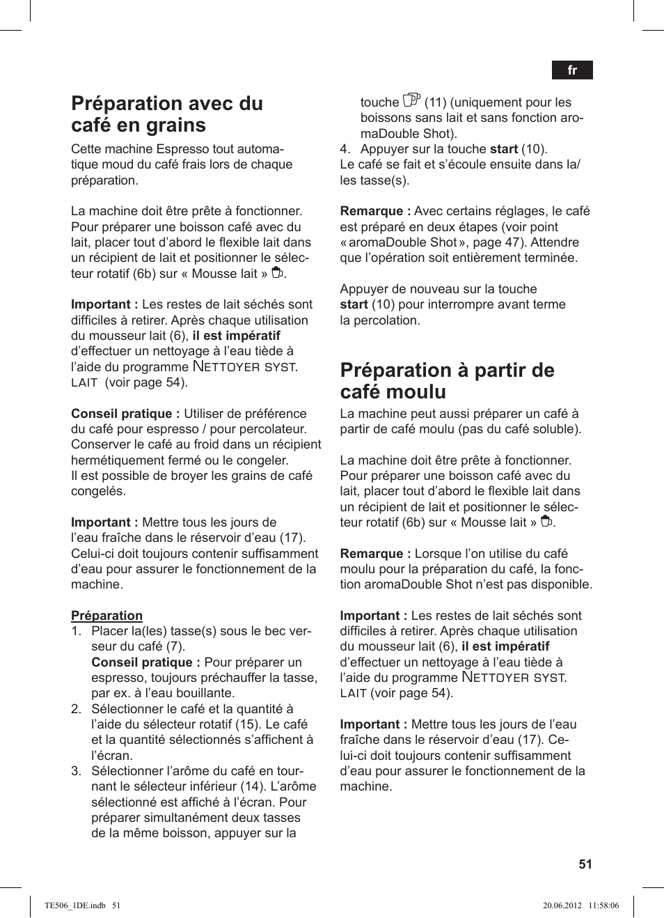 Préparation avec du café en grains, Préparation à partir de café moulu, Nettoyer syst. lait | Siemens TE509501DE User Manual | Page 51 / 88