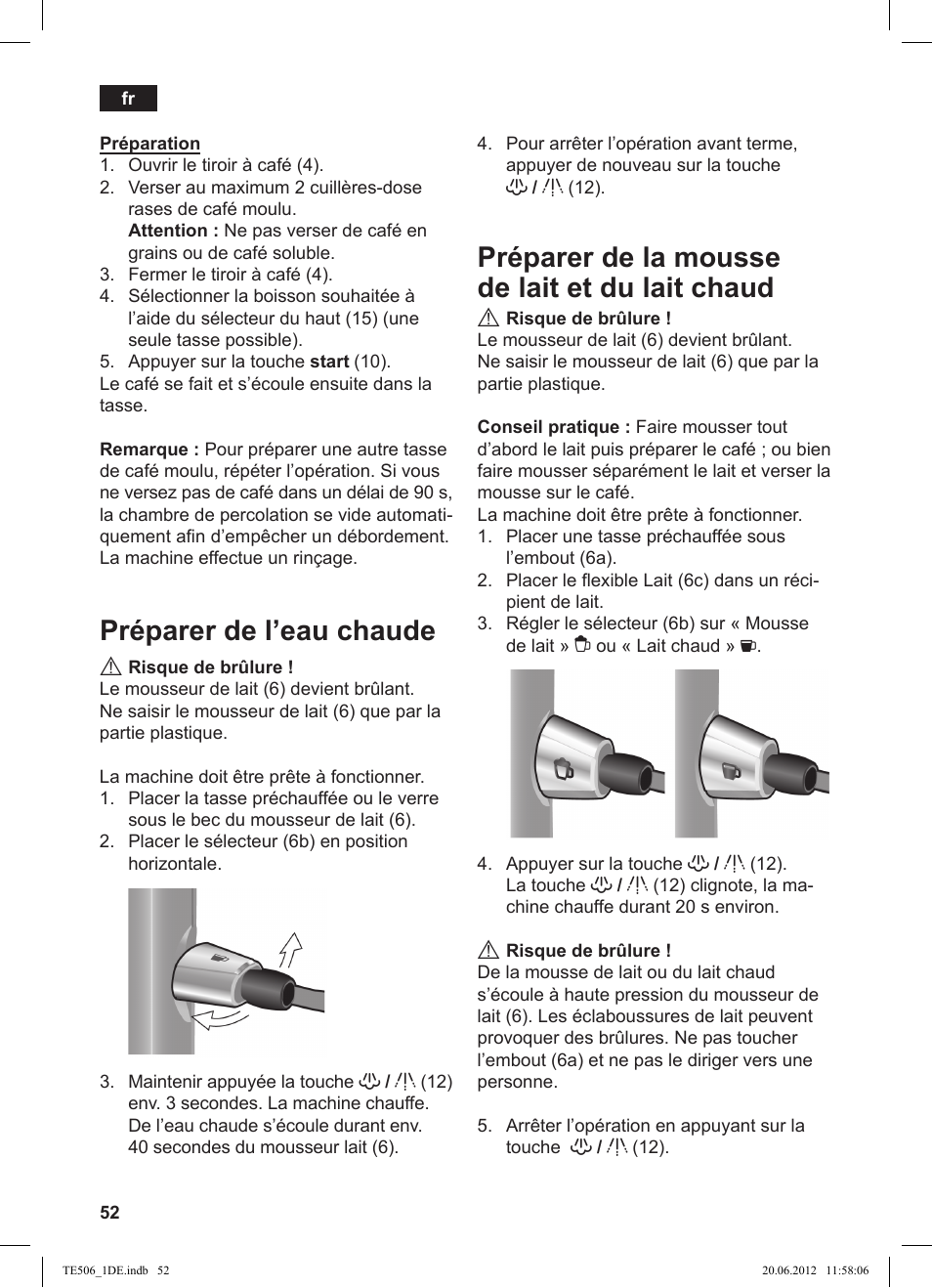 Préparer de l’eau chaude, Préparer de la mousse de lait et du lait chaud | Siemens TE509501DE User Manual | Page 52 / 88