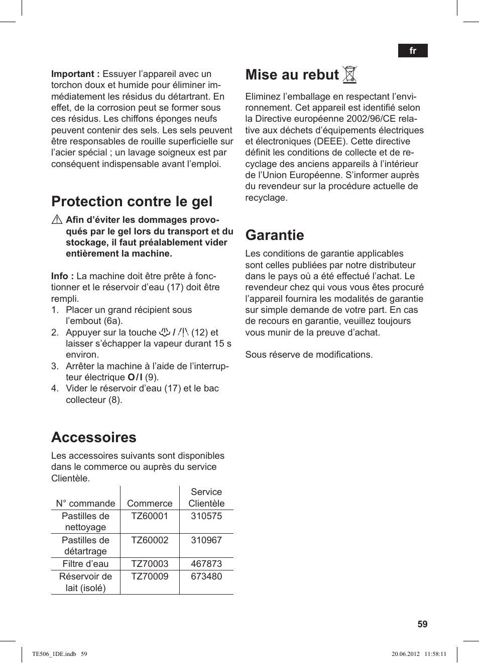 Protection contre le gel, Accessoires, Mise au rebut | Garantie | Siemens TE509501DE User Manual | Page 59 / 88