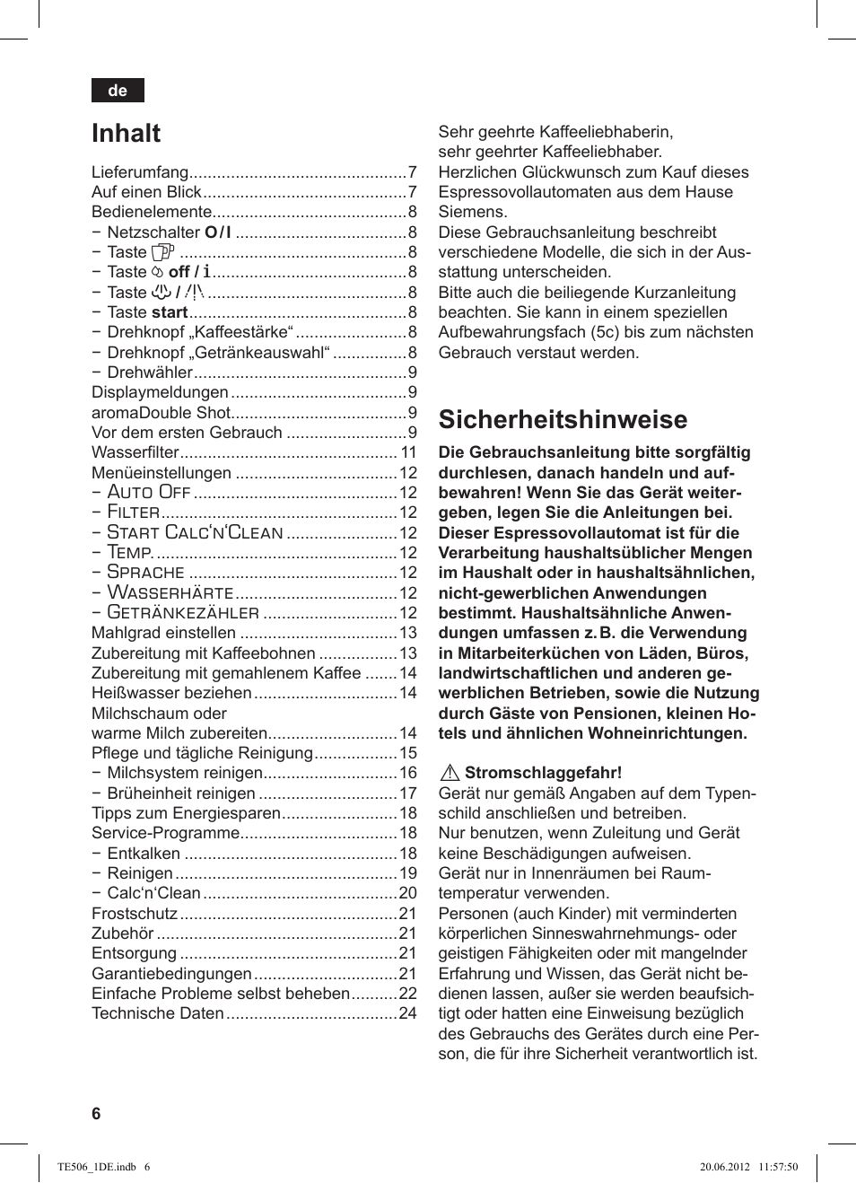 Sicherheitshinweise, Inhalt, Auto off | Filter, Start calc‘n‘clean, Temp, Sprache, Wasserhärte, Getränkezähler | Siemens TE509501DE User Manual | Page 6 / 88