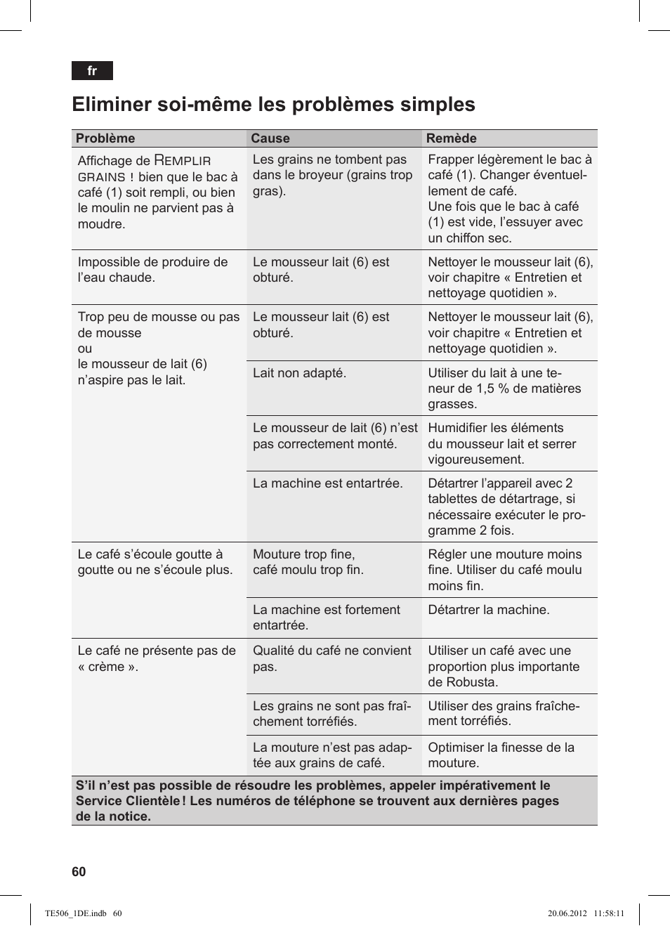 Eliminer soi­même les problèmes simples, Remplir grains | Siemens TE509501DE User Manual | Page 60 / 88