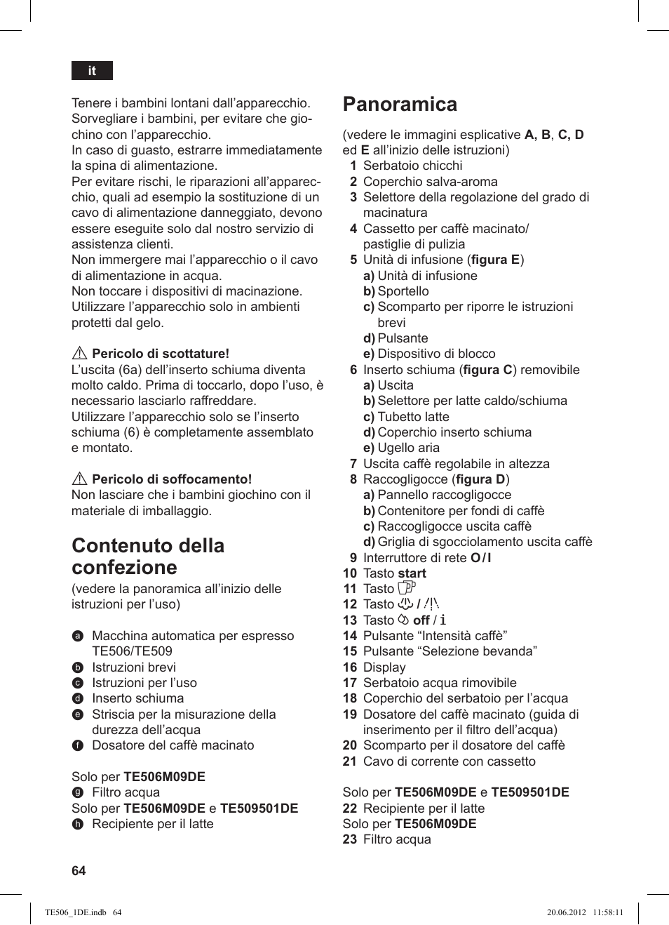 Panoramica, Contenuto della confezione | Siemens TE509501DE User Manual | Page 64 / 88