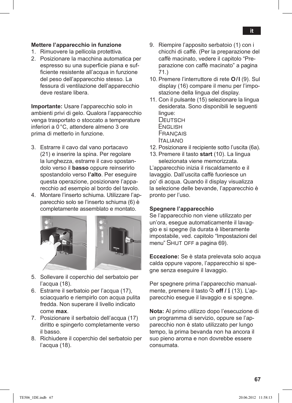 Deutsch english français italiano, Shut off | Siemens TE509501DE User Manual | Page 67 / 88