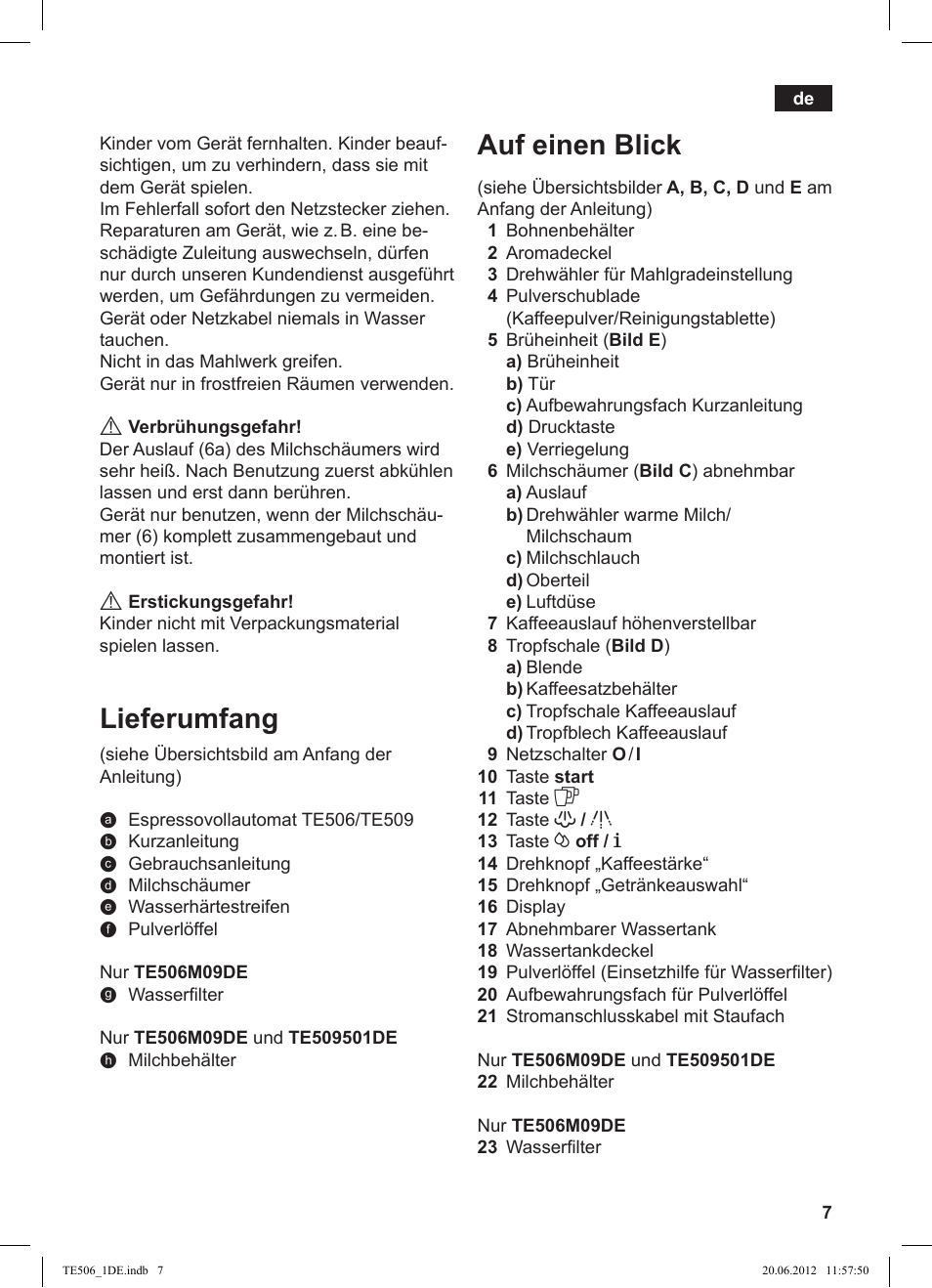 Auf einen blick, Lieferumfang | Siemens TE509501DE User Manual | Page 7 / 88