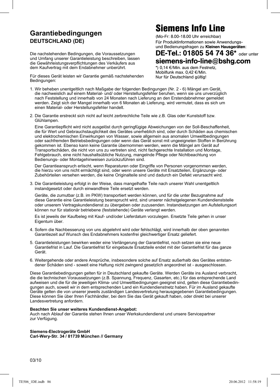 Siemens info line, Garantiebedingungen | Siemens TE509501DE User Manual | Page 86 / 88