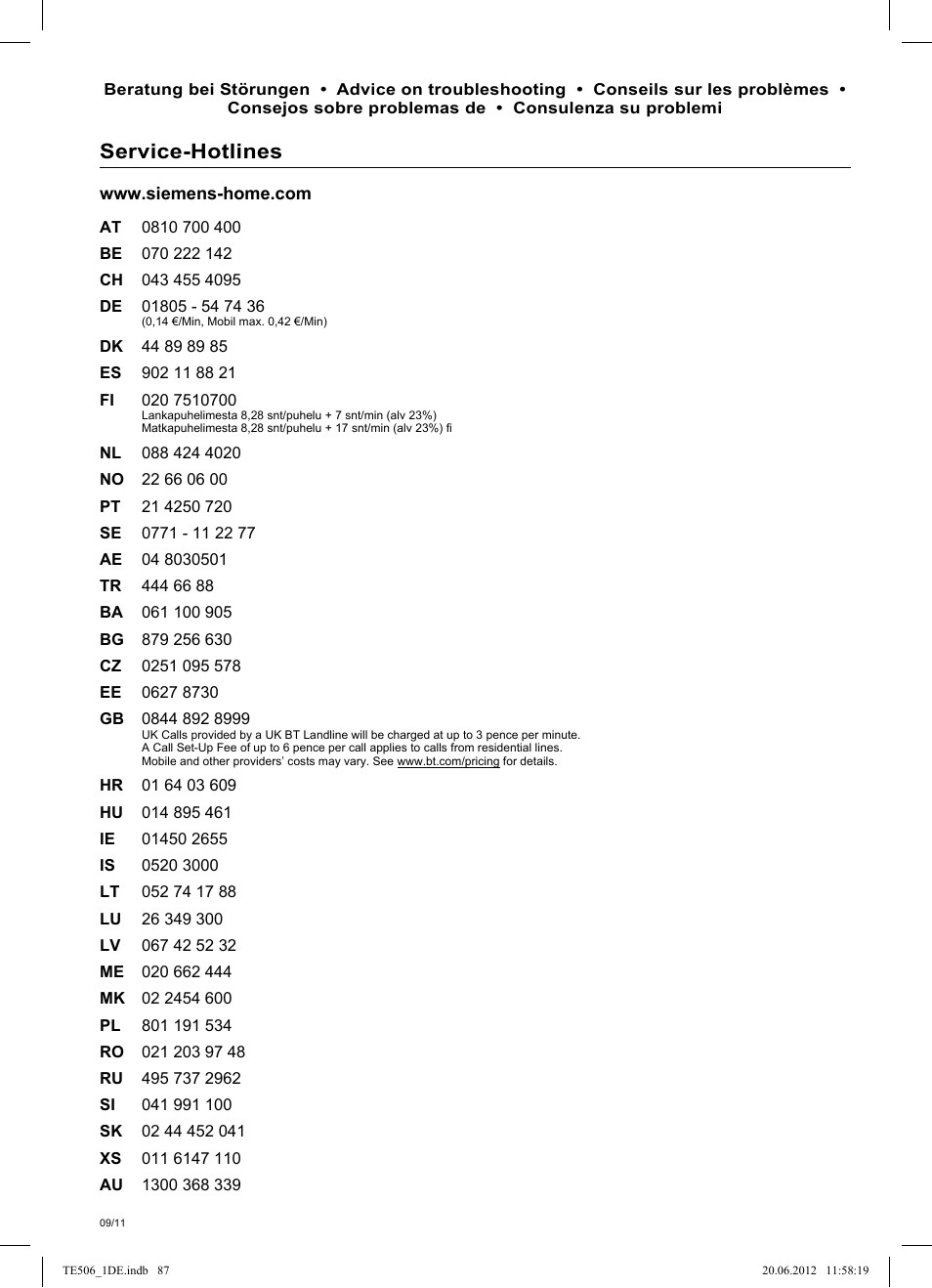 Siemens info line, Garantiebedingungen, Service-hotlines | Siemens TE509501DE User Manual | Page 87 / 88