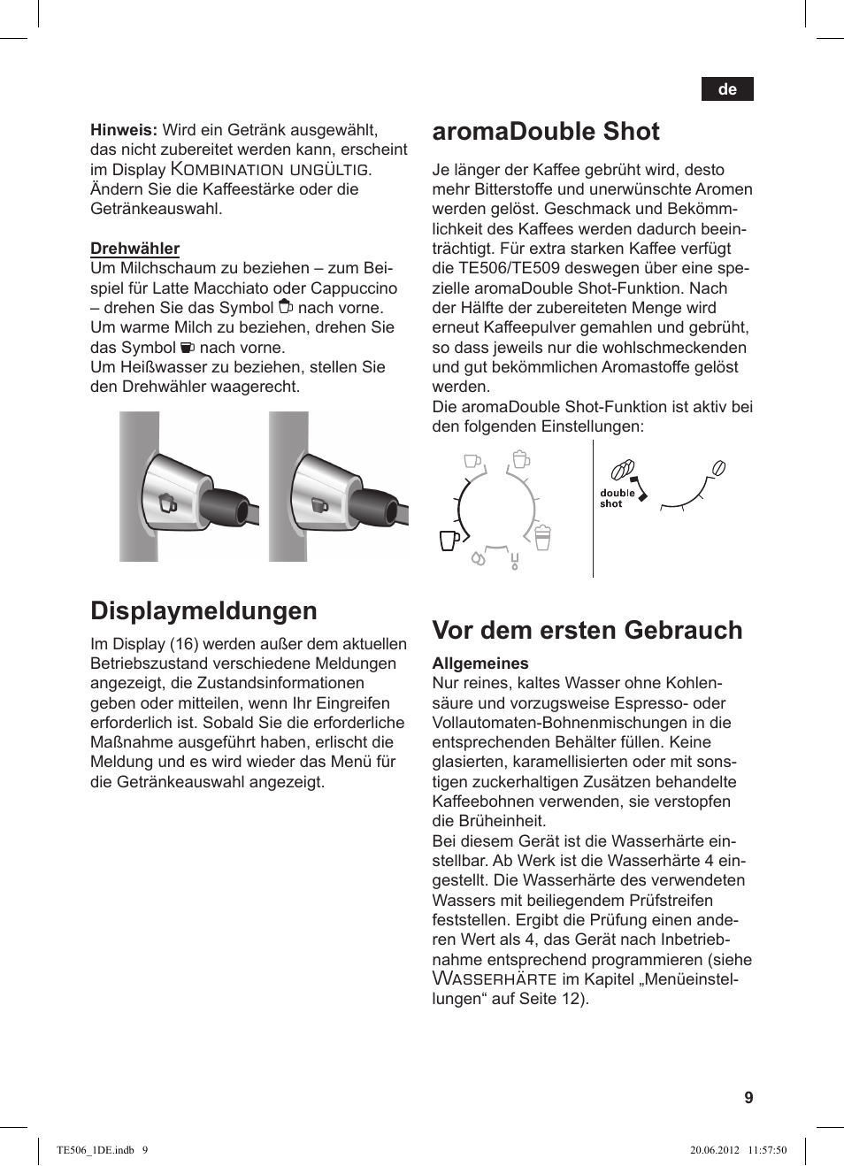 Displaymeldungen, Aromadouble shot, Vor dem ersten gebrauch | Kombination ungültig, Wasserhärte | Siemens TE509501DE User Manual | Page 9 / 88