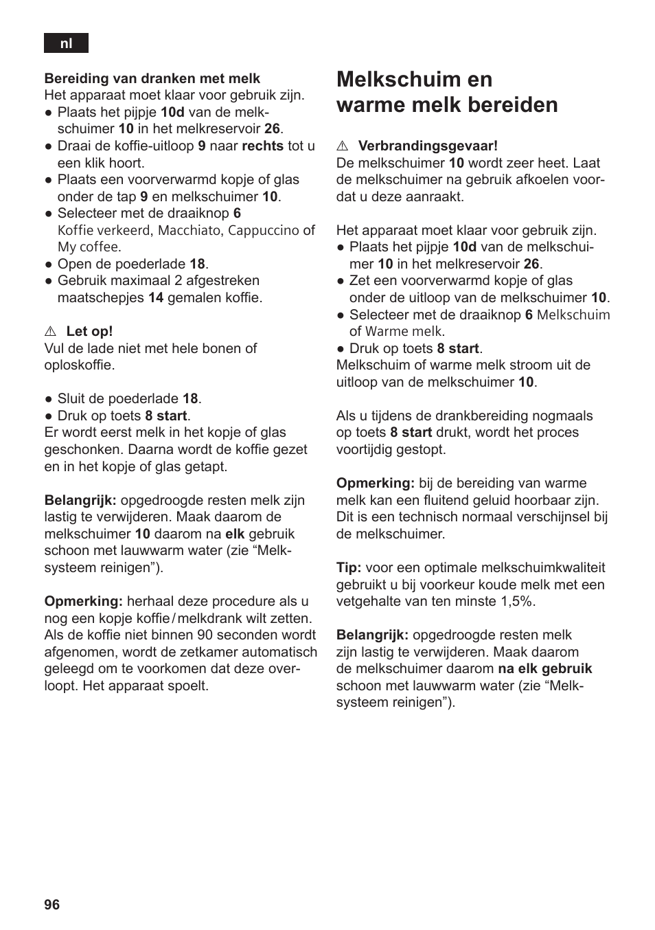 Melkschuim en warme melk bereiden | Siemens TE809F01DE User Manual | Page 100 / 144