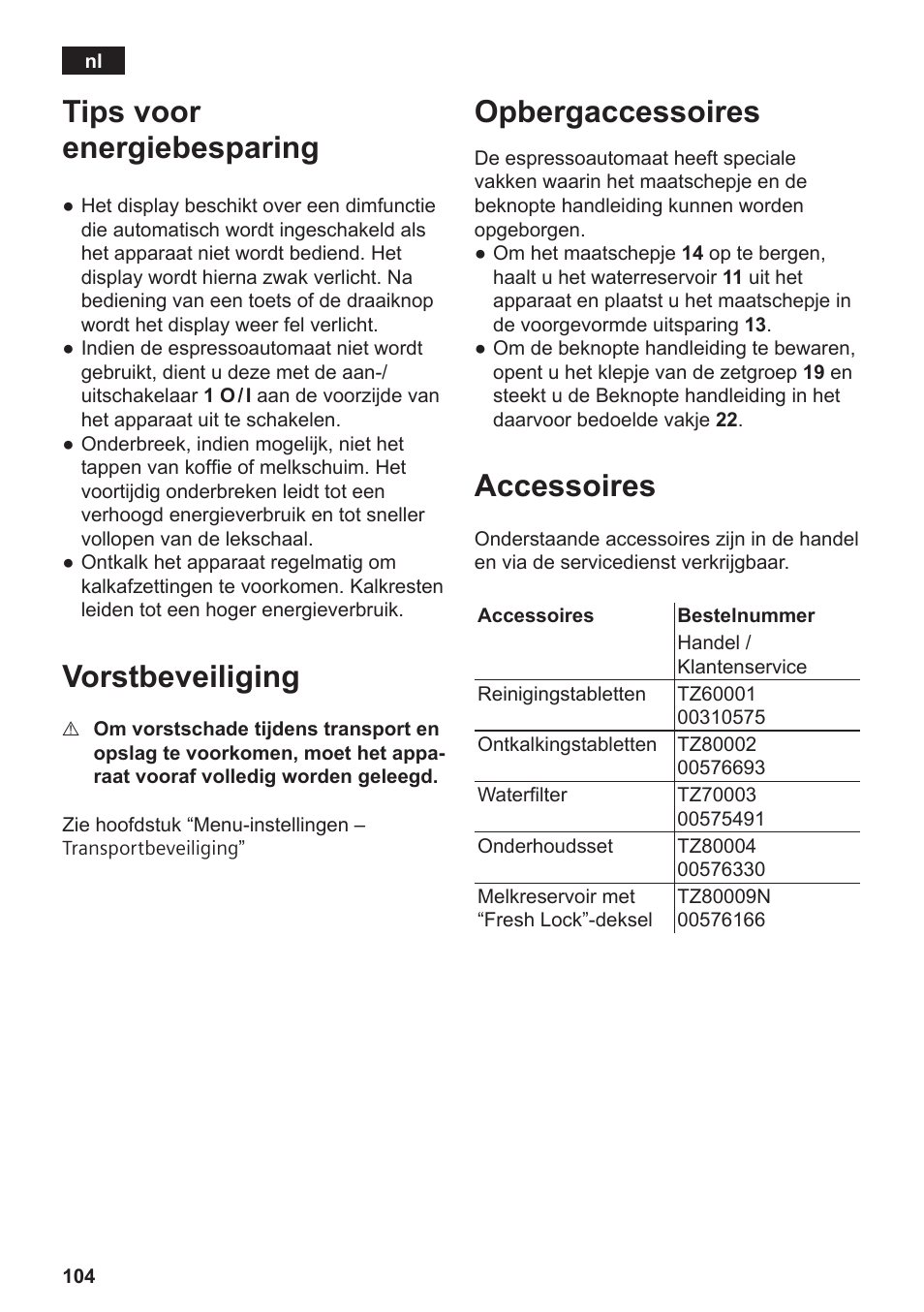 Tips voor energiebesparing, Vorstbeveiliging, Opbergaccessoires | Accessoires | Siemens TE809F01DE User Manual | Page 108 / 144