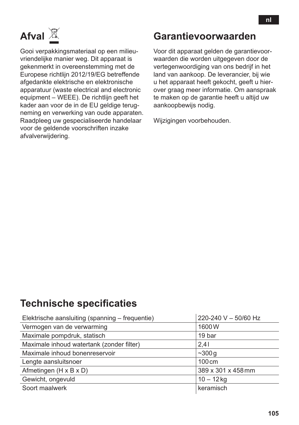 Technische specificaties, Afval, Garantievoorwaarden | Siemens TE809F01DE User Manual | Page 109 / 144