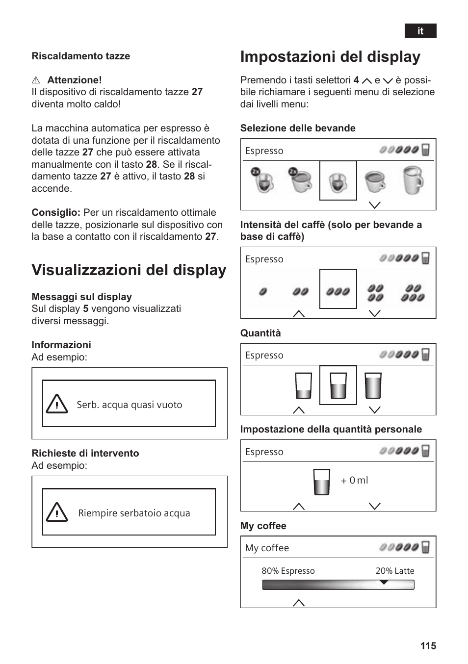 Visualizzazioni del display, Impostazioni del display | Siemens TE809F01DE User Manual | Page 119 / 144