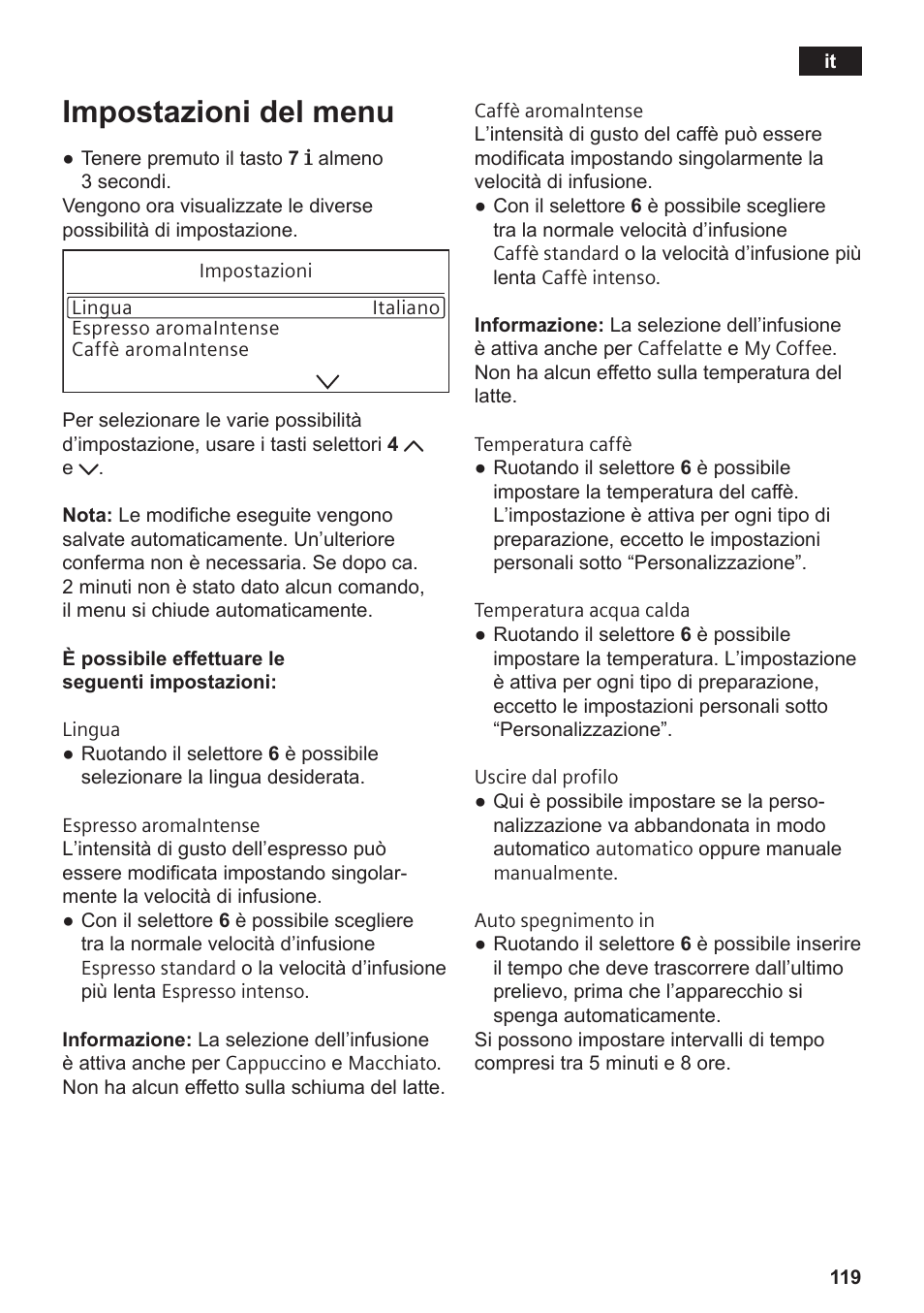 Impostazioni del menu | Siemens TE809F01DE User Manual | Page 123 / 144