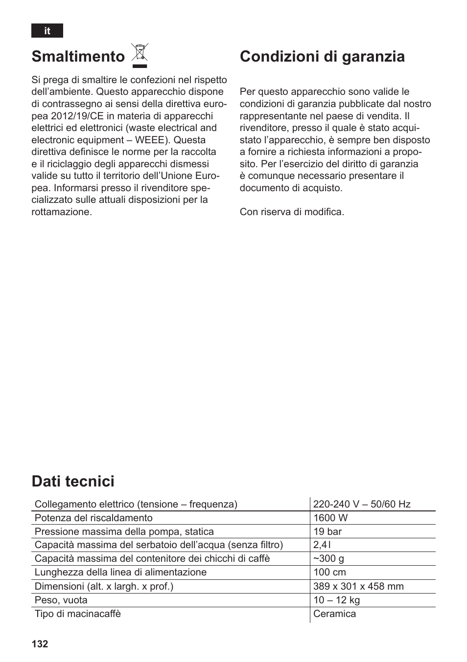 Dati tecnici, Smaltimento, Condizioni di garanzia | Siemens TE809F01DE User Manual | Page 136 / 144