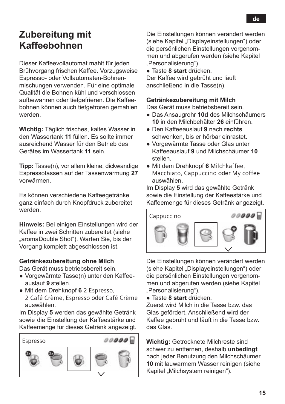 Zubereitung mit kaffeebohnen | Siemens TE809F01DE User Manual | Page 19 / 144