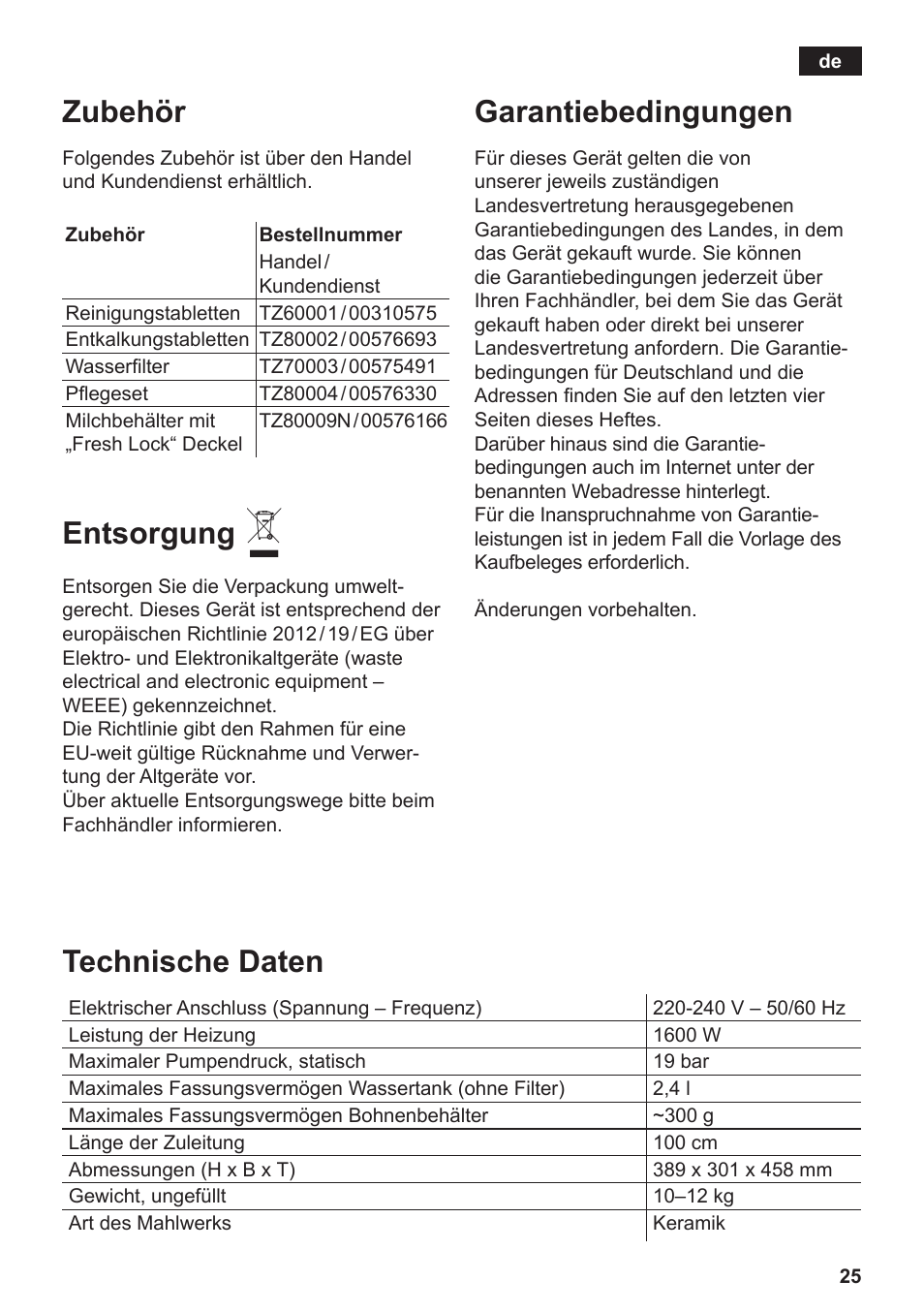 Zubehör, Entsorgung, Garantiebedingungen | Technische daten | Siemens TE809F01DE User Manual | Page 29 / 144