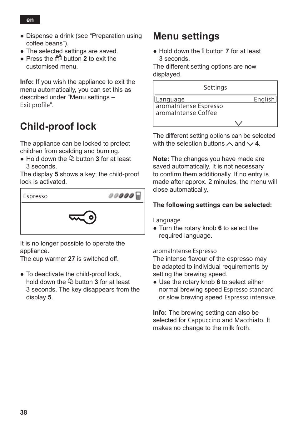 Child-proof lock, Menu settings | Siemens TE809F01DE User Manual | Page 42 / 144