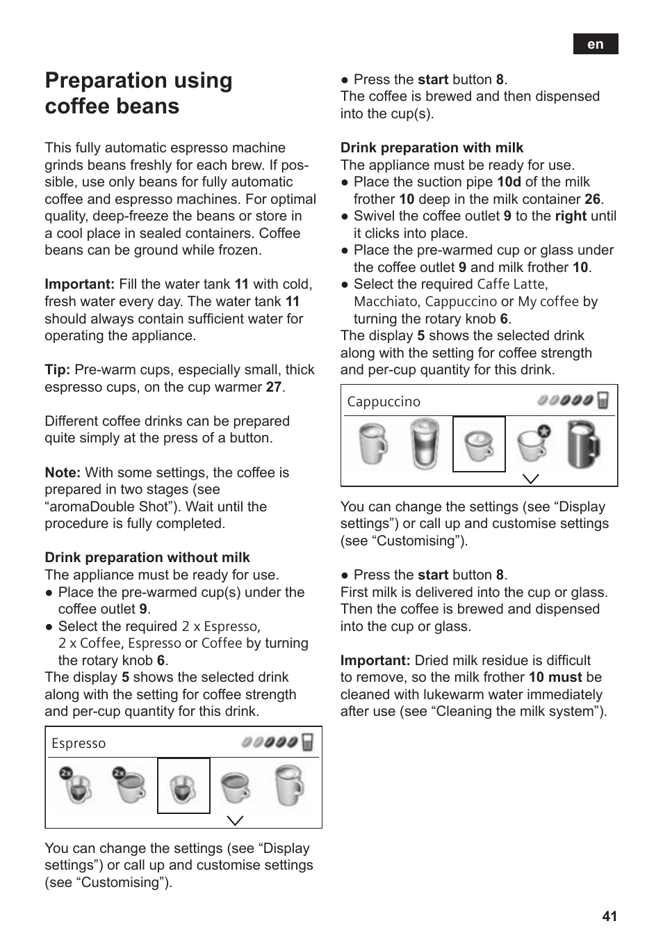 Preparation using coffee beans | Siemens TE809F01DE User Manual | Page 45 / 144