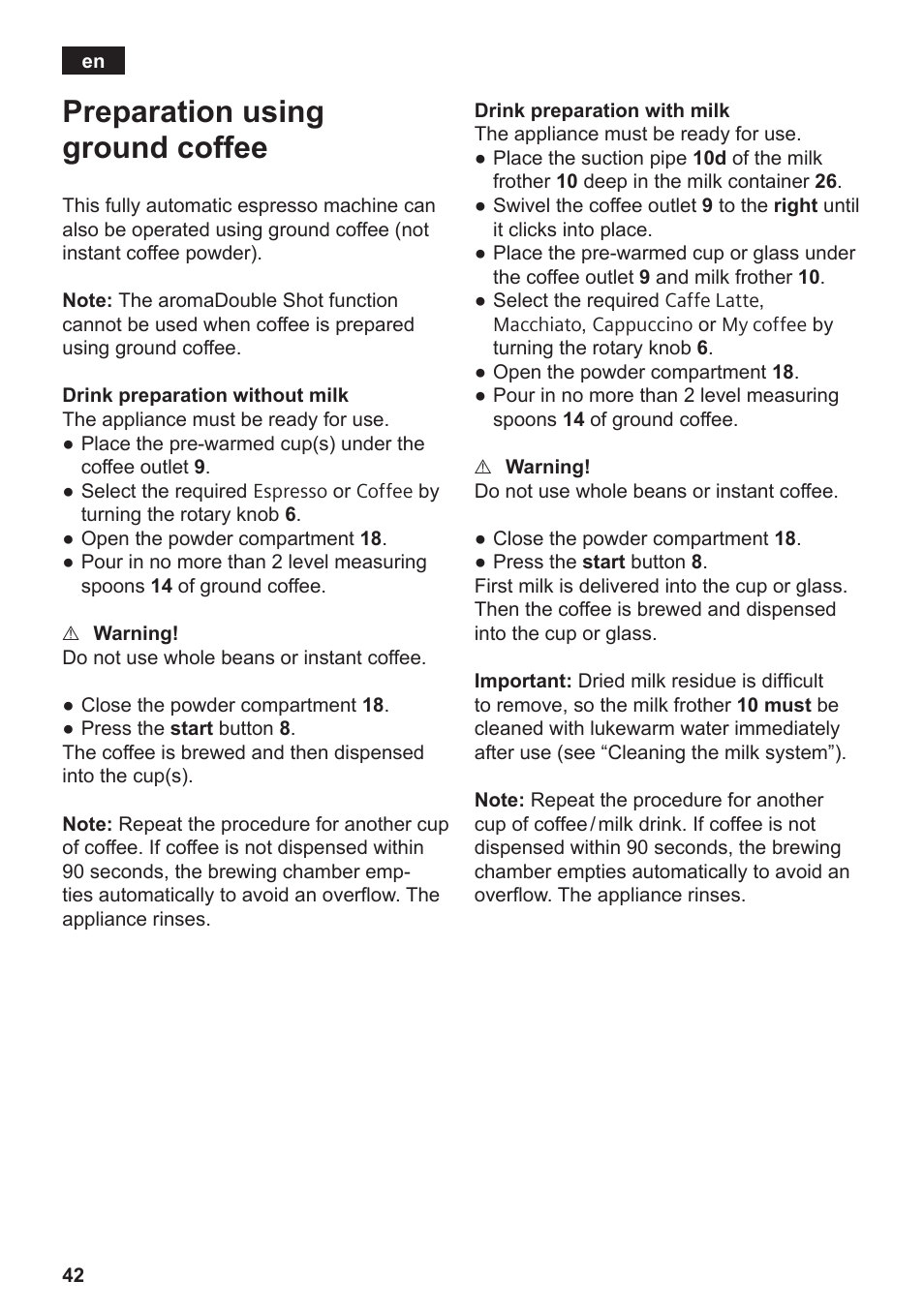 Preparation using ground coffee | Siemens TE809F01DE User Manual | Page 46 / 144