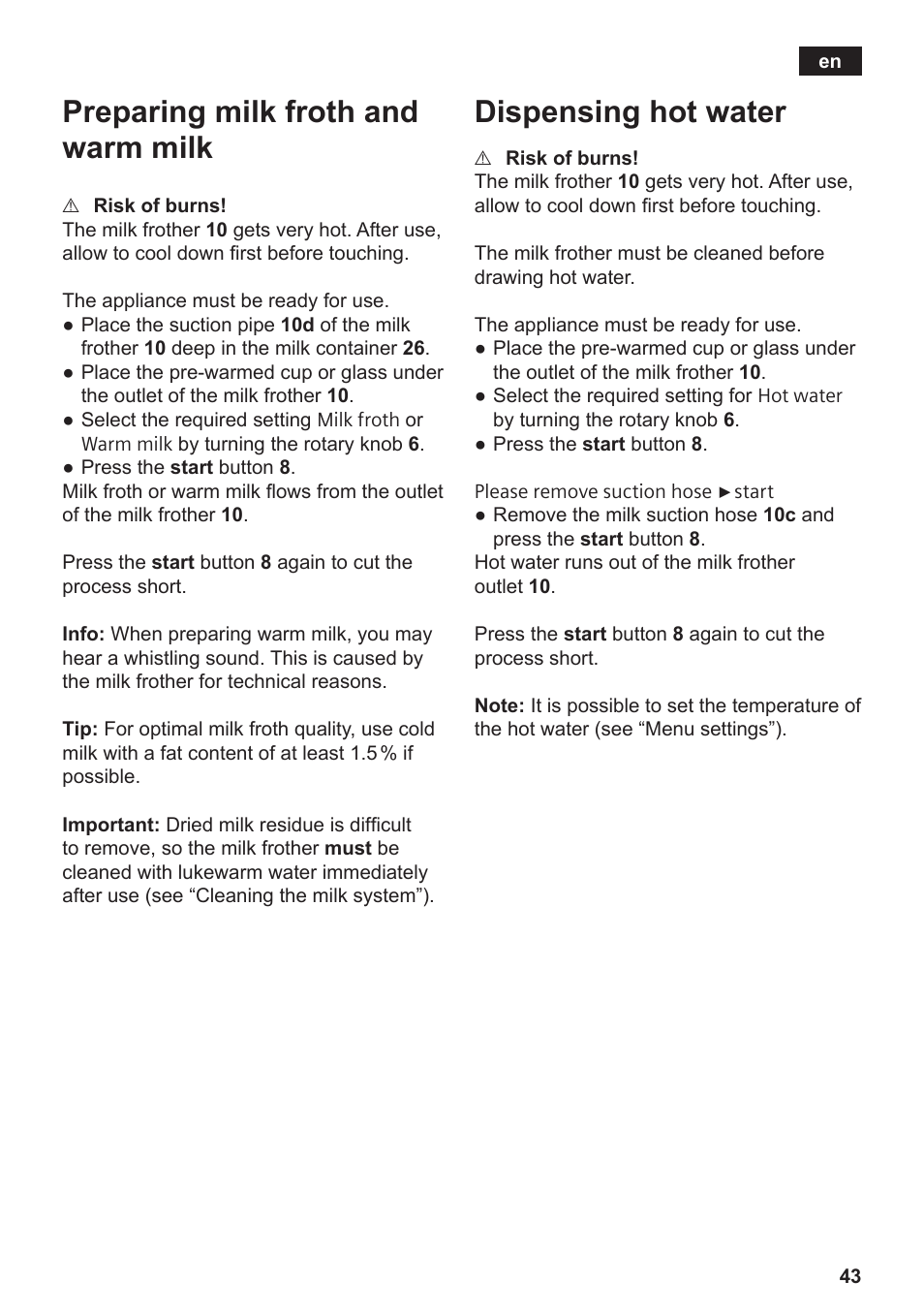 Preparing milk froth and warm milk, Dispensing hot water | Siemens TE809F01DE User Manual | Page 47 / 144