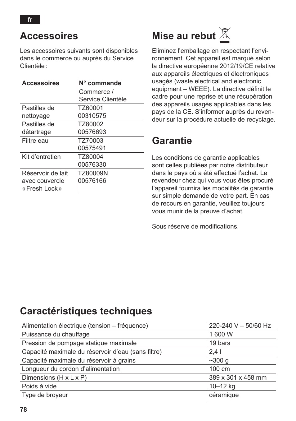 Accessoires, Mise au rebut, Garantie | Caractéristiques techniques | Siemens TE809F01DE User Manual | Page 82 / 144