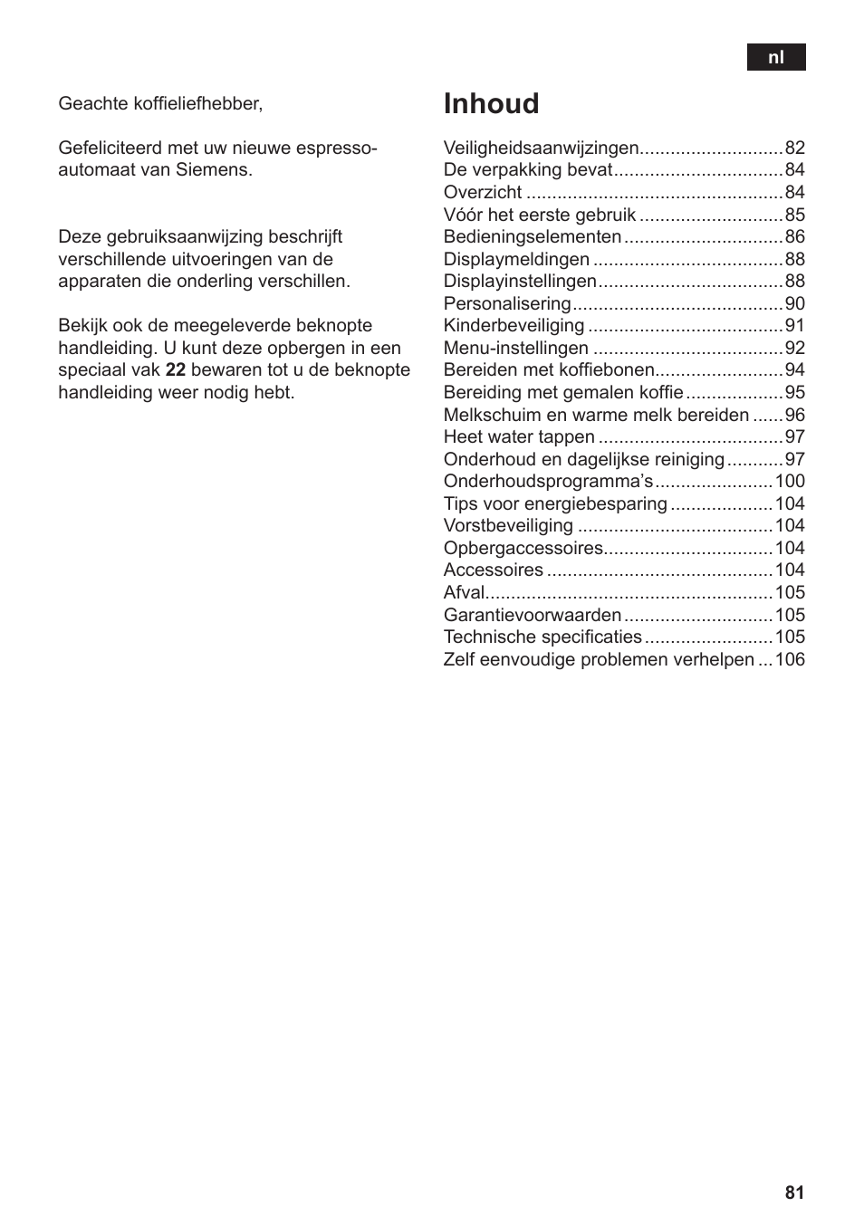 Inhoud | Siemens TE809F01DE User Manual | Page 85 / 144