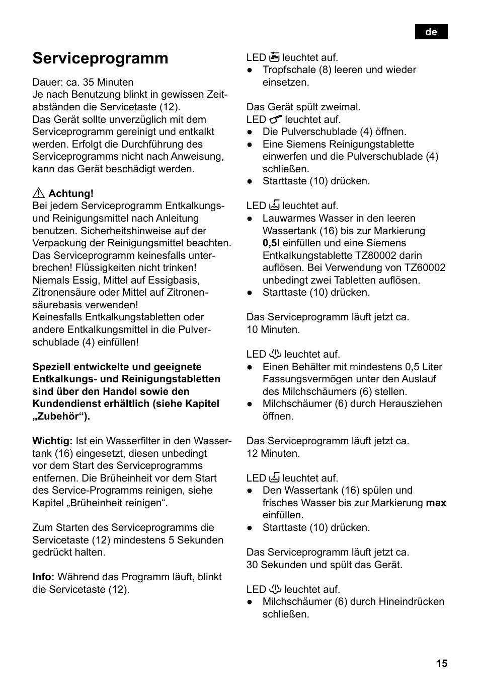 Serviceprogramm | Siemens TE501501DE User Manual | Page 19 / 86