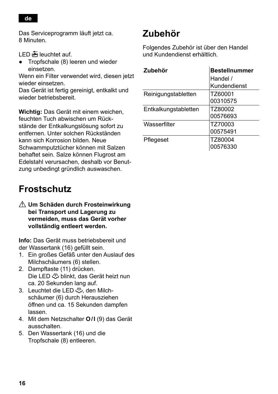 Frostschutz, Zubehör | Siemens TE501501DE User Manual | Page 20 / 86