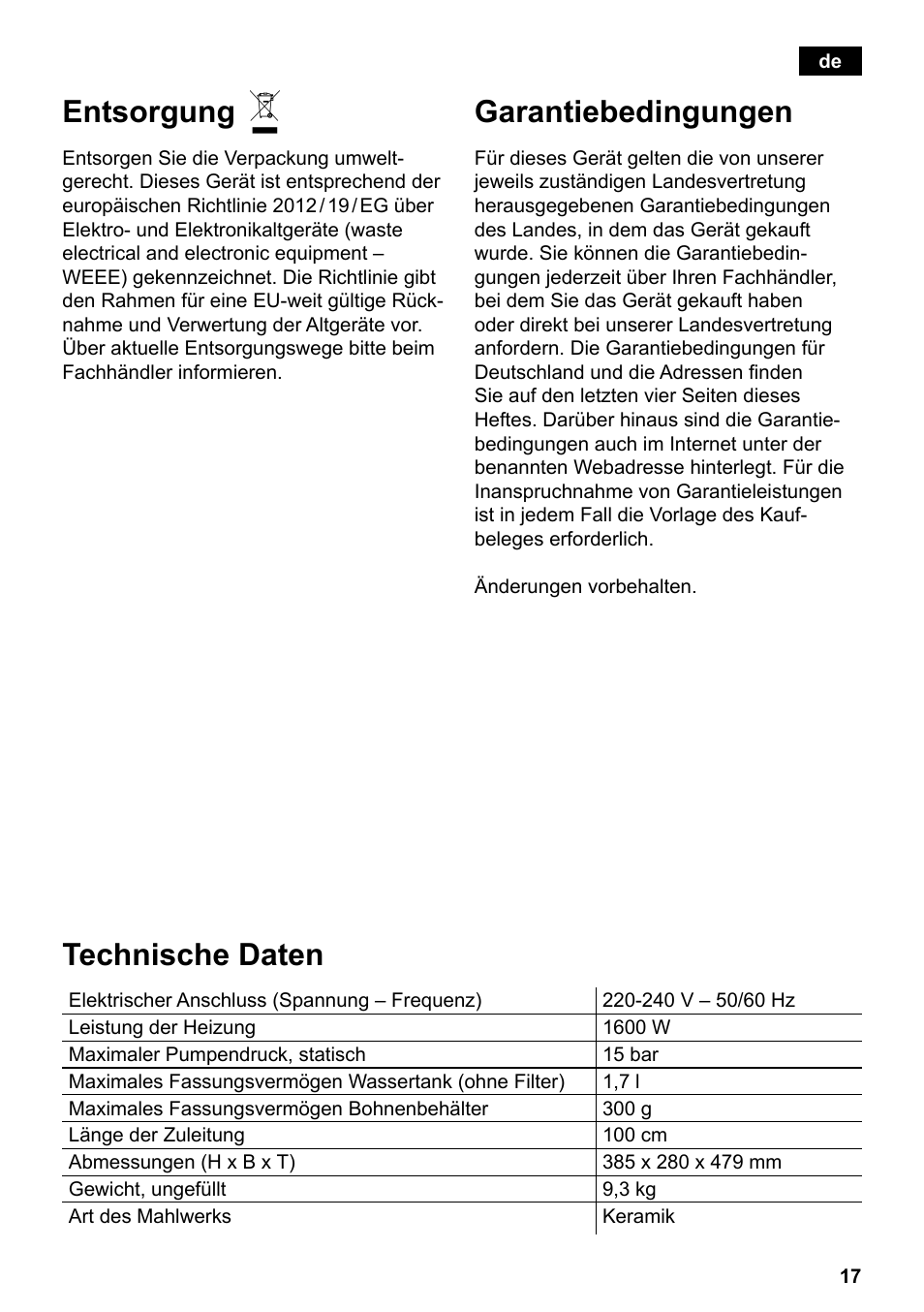 Entsorgung, Technische daten, Garantiebedingungen | Siemens TE501501DE User Manual | Page 21 / 86