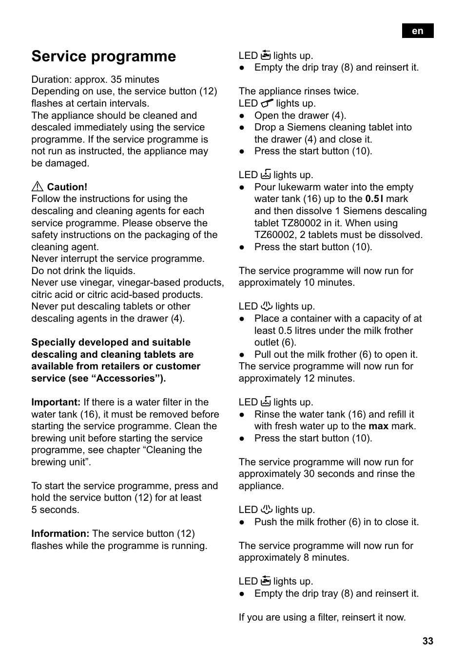 Service programme | Siemens TE501501DE User Manual | Page 37 / 86