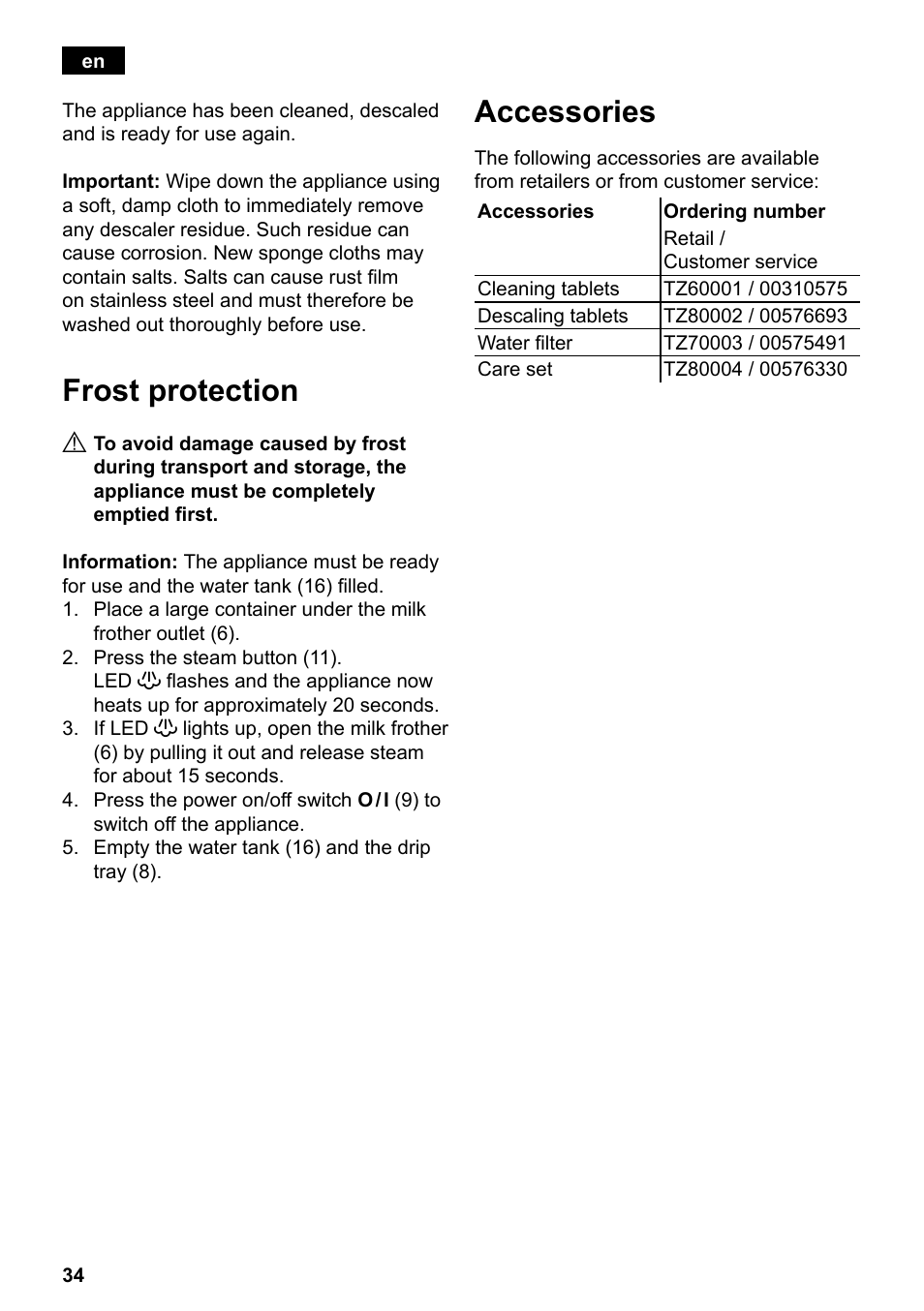 Frost protection, Accessories | Siemens TE501501DE User Manual | Page 38 / 86