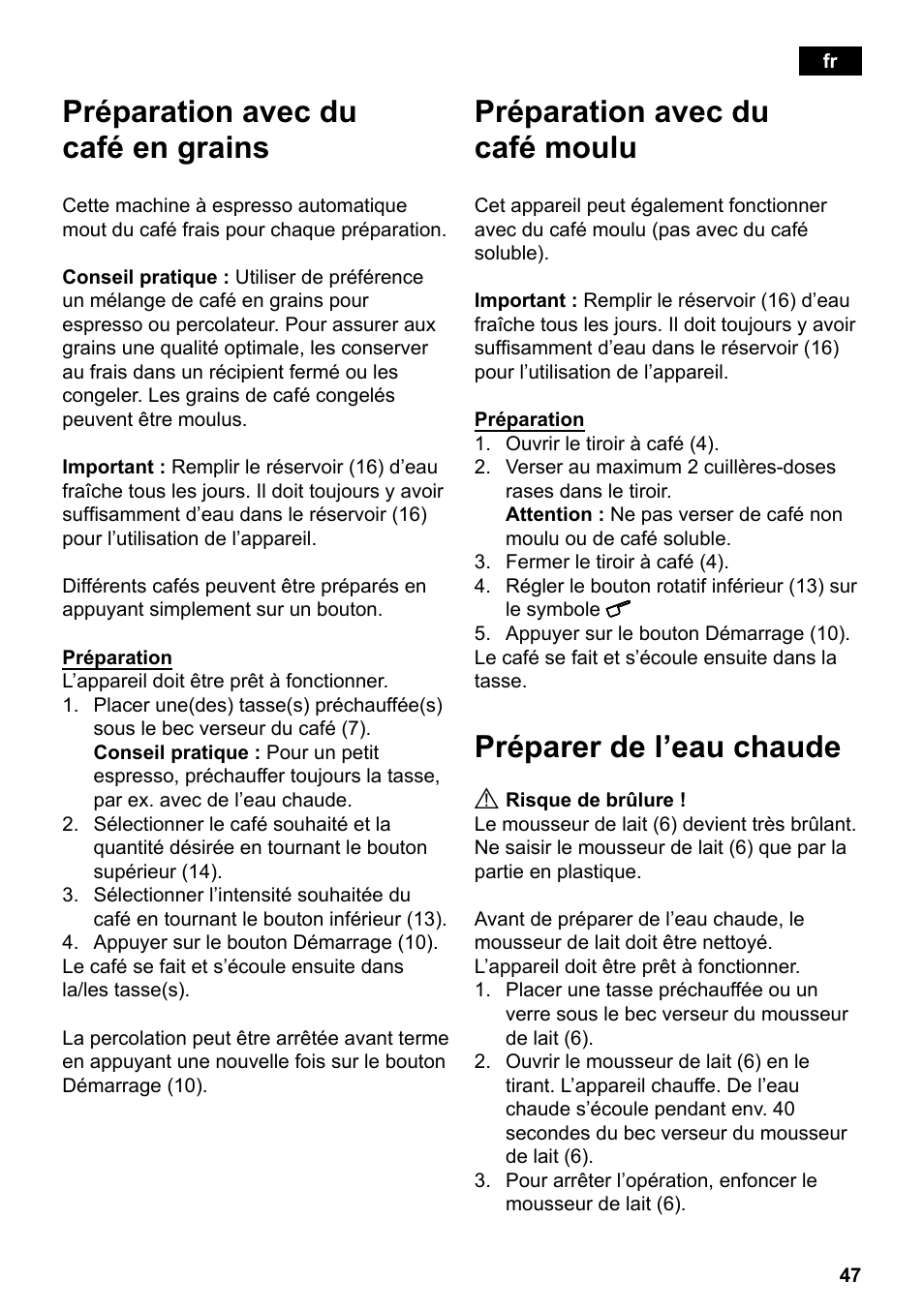 Préparation avec du café en grains, Préparation avec du café moulu, Préparer de l’eau chaude | Siemens TE501501DE User Manual | Page 51 / 86