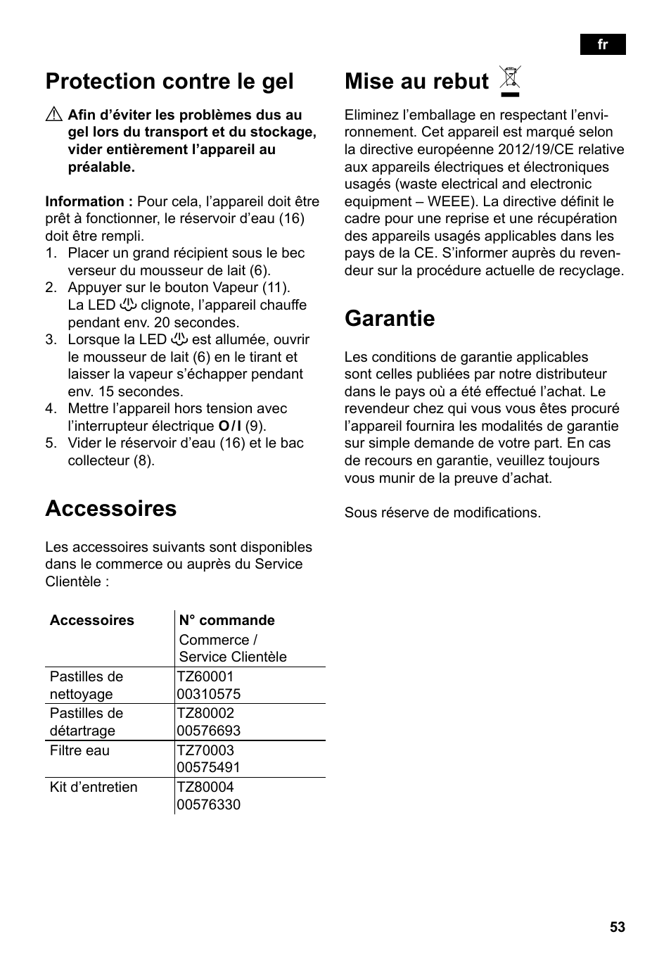 Protection contre le gel, Accessoires, Mise au rebut | Garantie | Siemens TE501501DE User Manual | Page 57 / 86