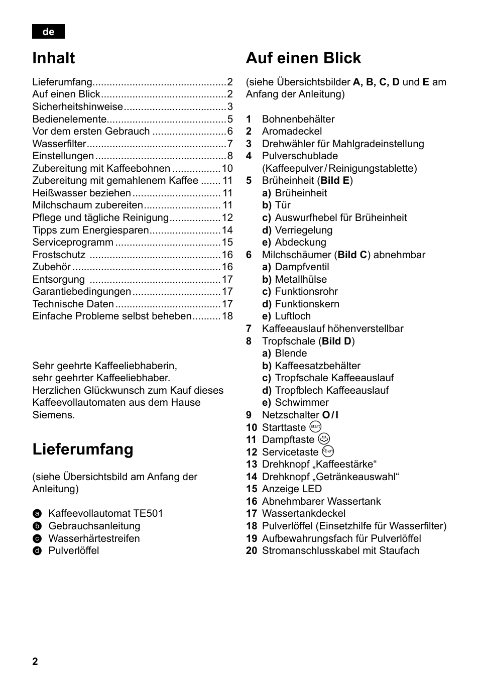 Inhalt, Lieferumfang, Auf einen blick | Siemens TE501501DE User Manual | Page 6 / 86