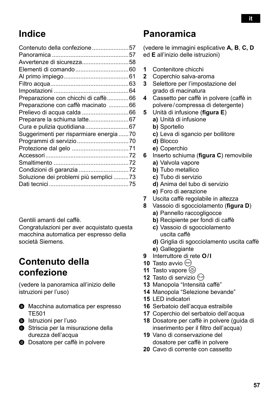 Panoramica, Indice, Contenuto della confezione | Siemens TE501501DE User Manual | Page 61 / 86